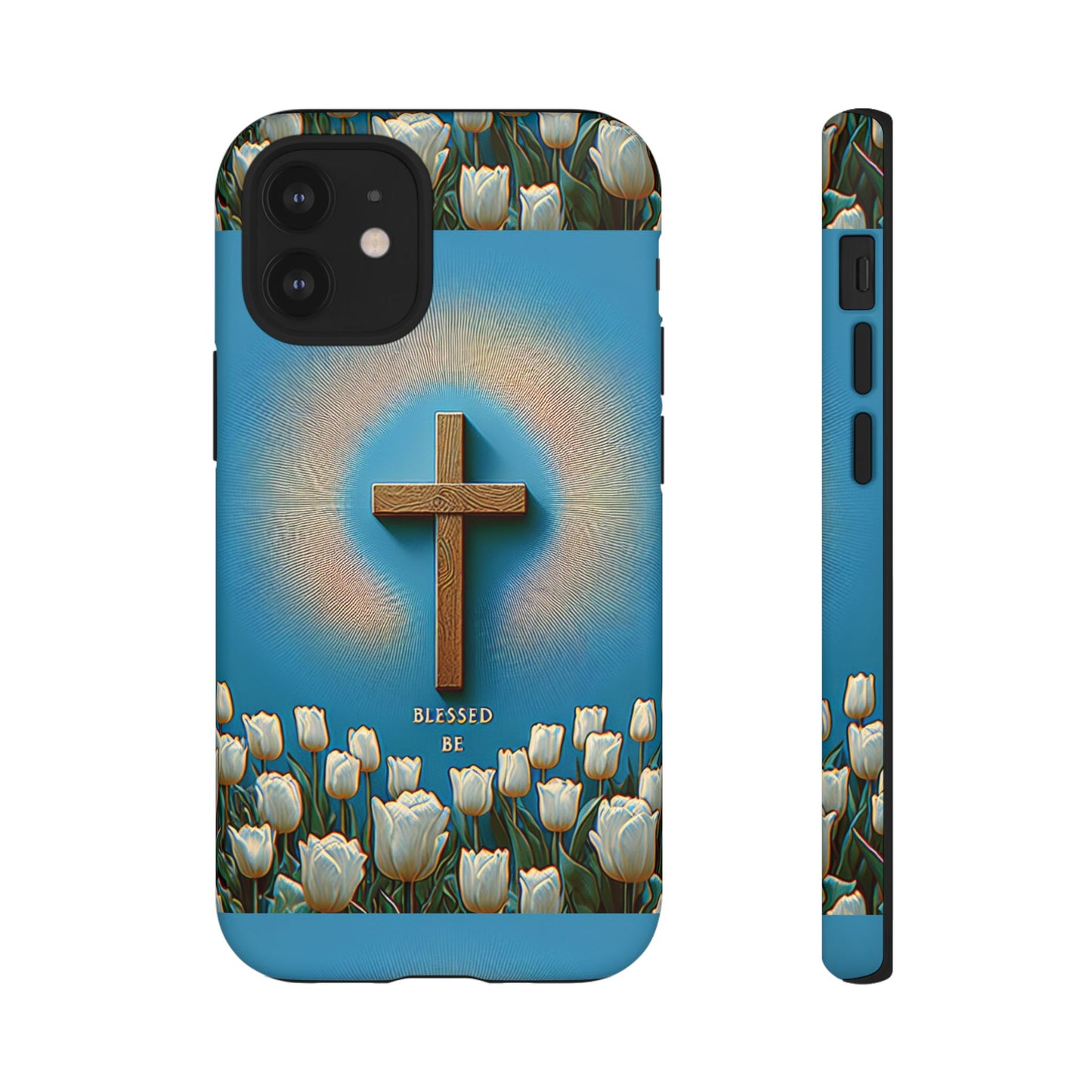 Phone Case, Cross Surrounded by Tulips Blessed Be Design