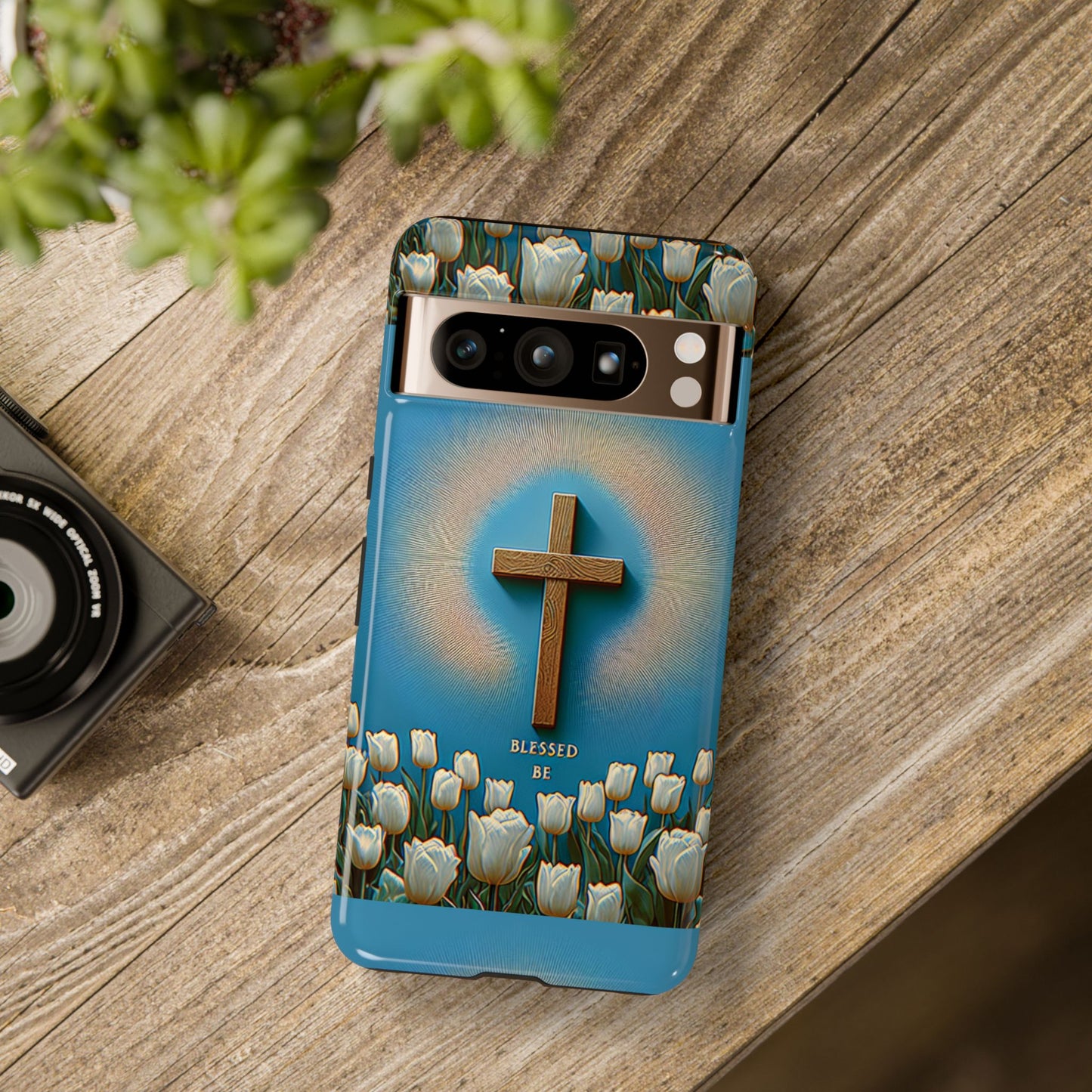 Phone Case, Cross Surrounded by Tulips Blessed Be Design