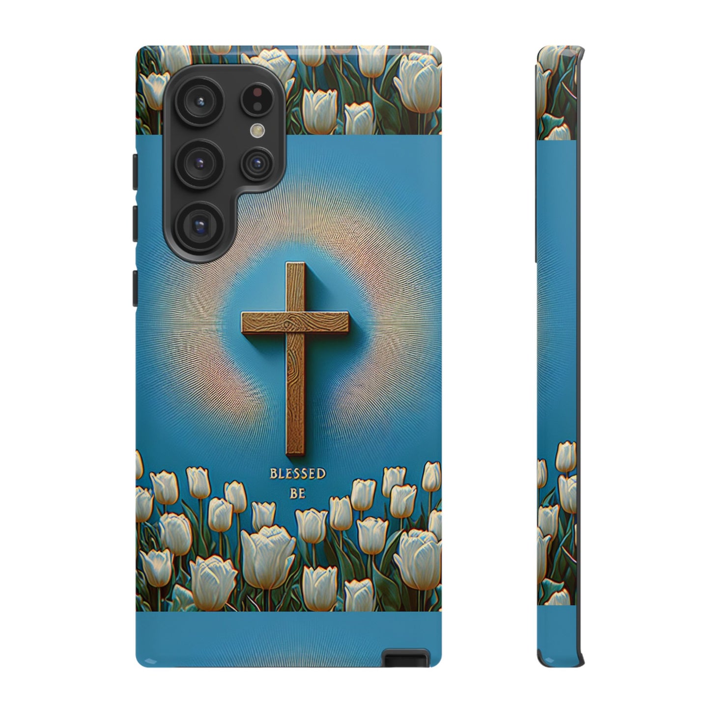 Phone Case, Cross Surrounded by Tulips Blessed Be Design