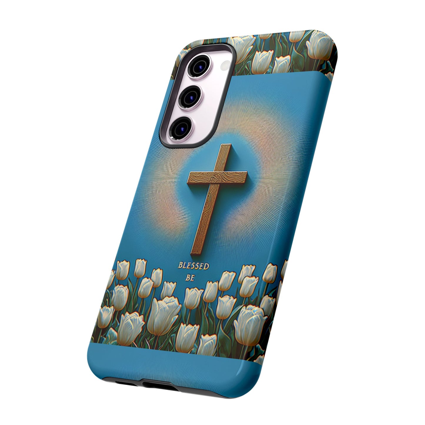 Phone Case, Cross Surrounded by Tulips Blessed Be Design