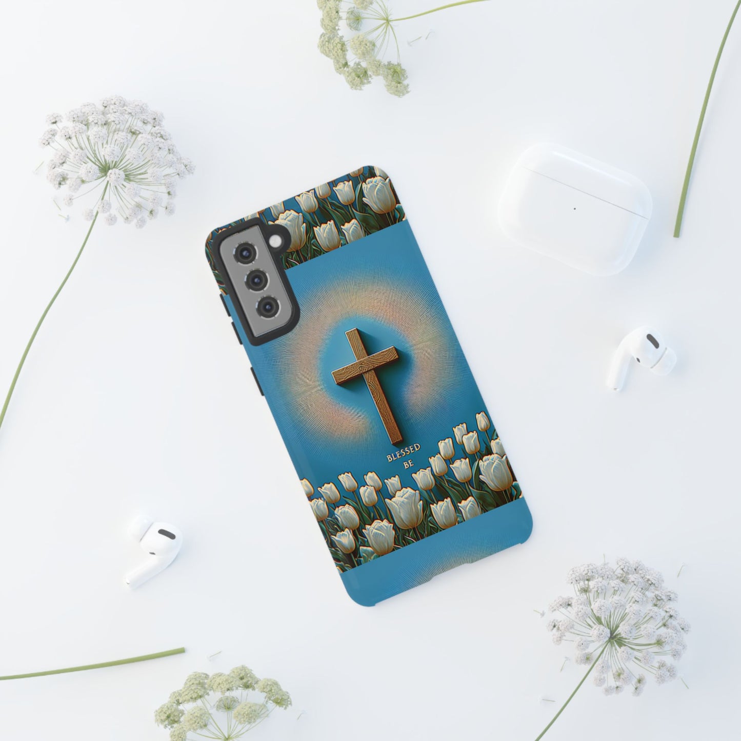 Phone Case, Cross Surrounded by Tulips Blessed Be Design