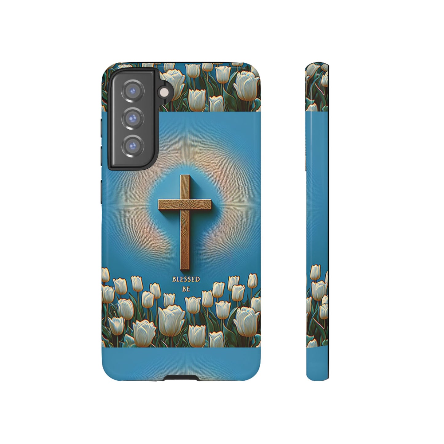Phone Case, Cross Surrounded by Tulips Blessed Be Design