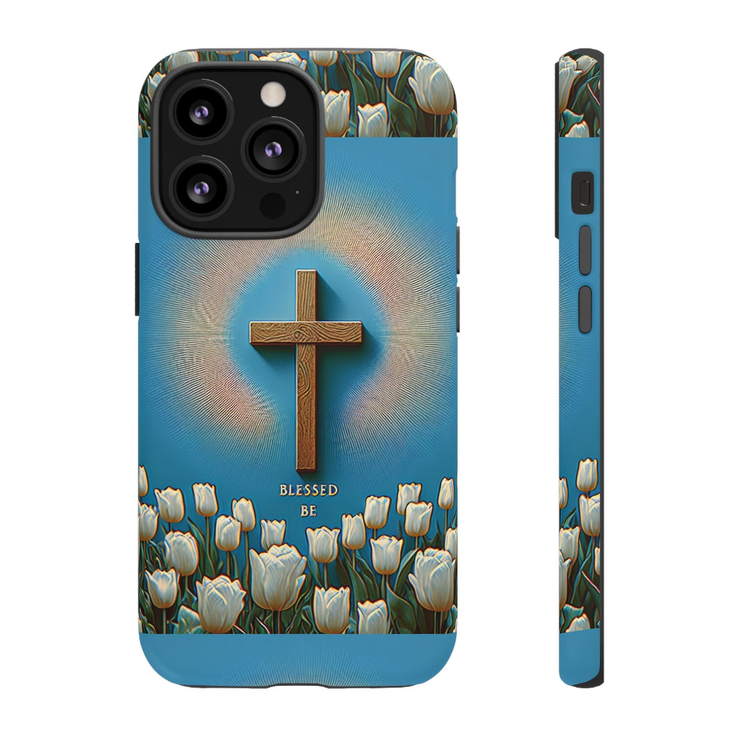 Phone Case, Cross Surrounded by Tulips Blessed Be Design