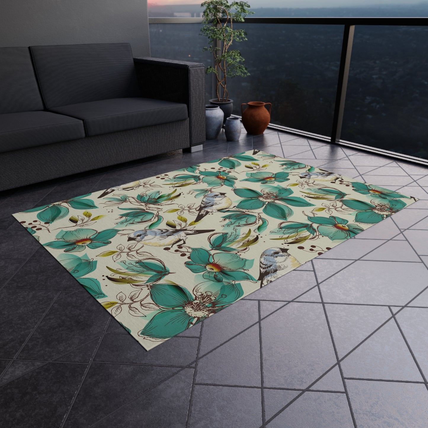 Floral Bird Outdoor Rug - Patio Decor for Spring and Summer