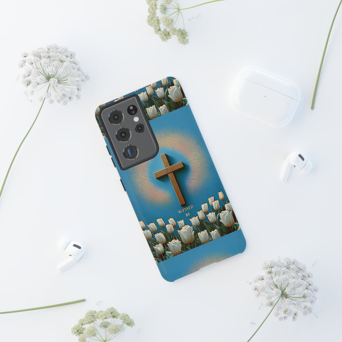 Phone Case, Cross Surrounded by Tulips Blessed Be Design
