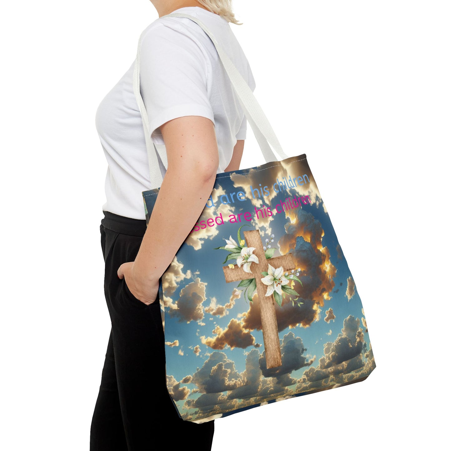 Religious Tote Bag with Flower Cross Design
