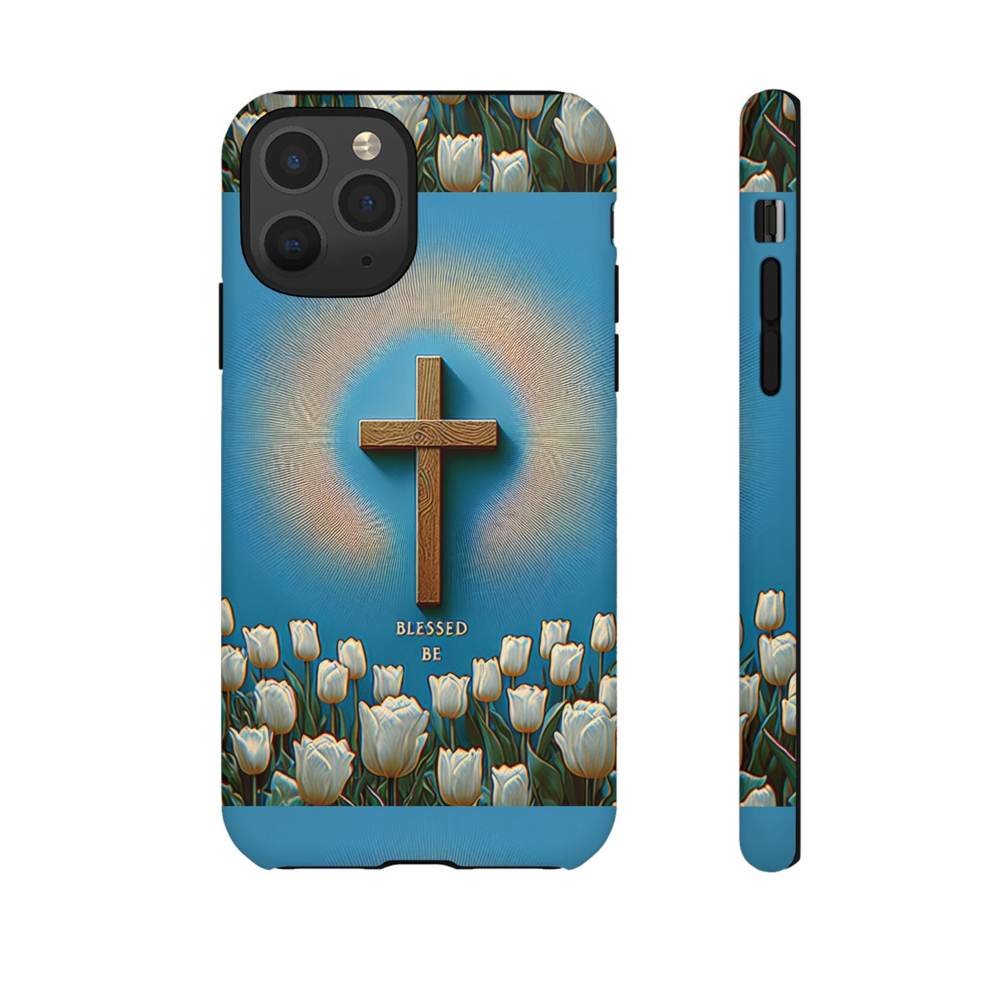 Phone Case, Cross Surrounded by Tulips Blessed Be Design