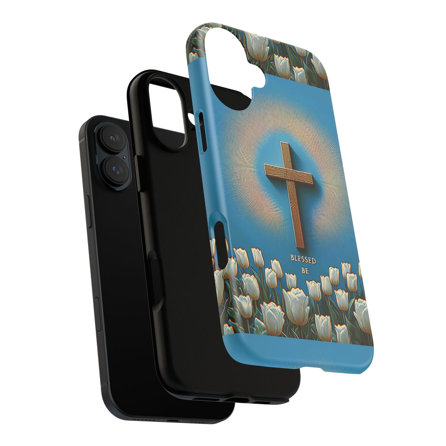 Phone Case, Cross Surrounded by Tulips Blessed Be Design