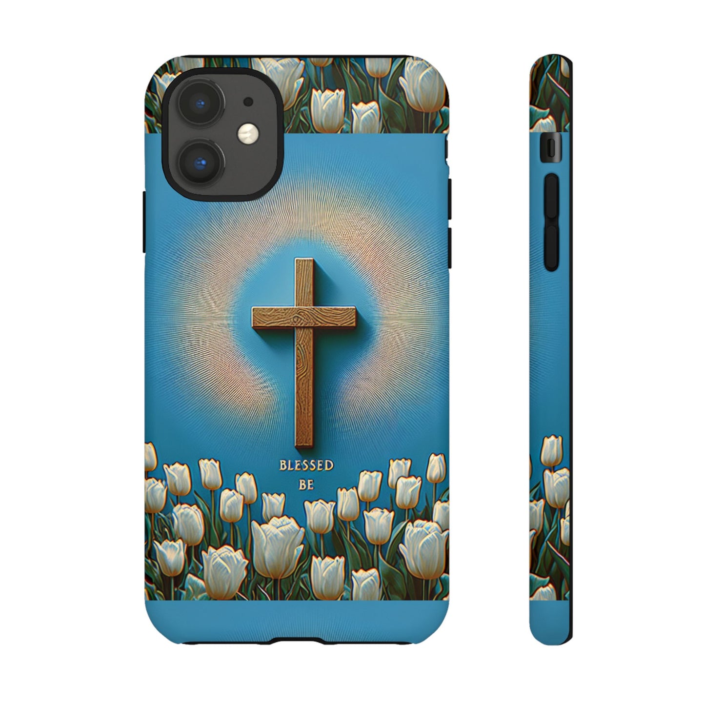 Phone Case, Cross Surrounded by Tulips Blessed Be Design