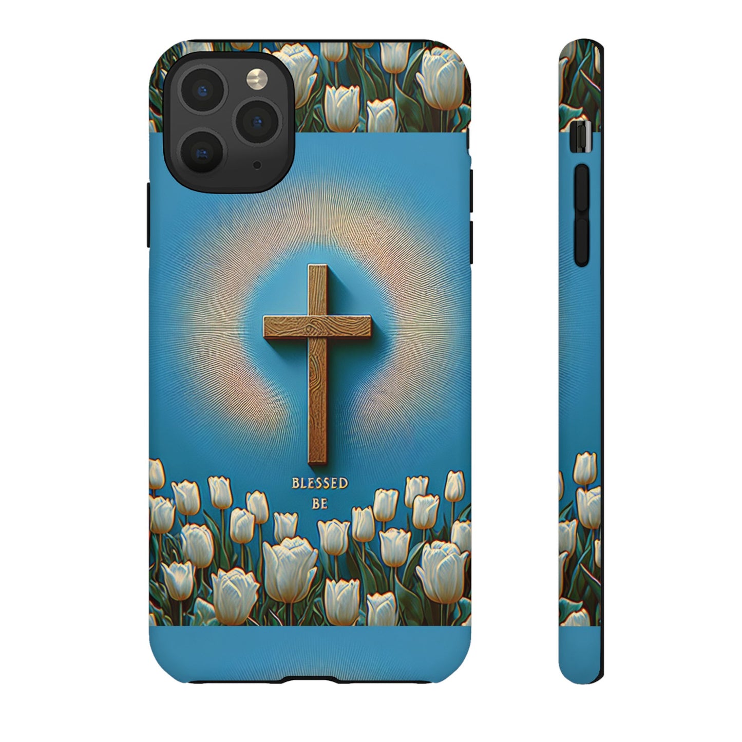 Phone Case, Cross Surrounded by Tulips Blessed Be Design