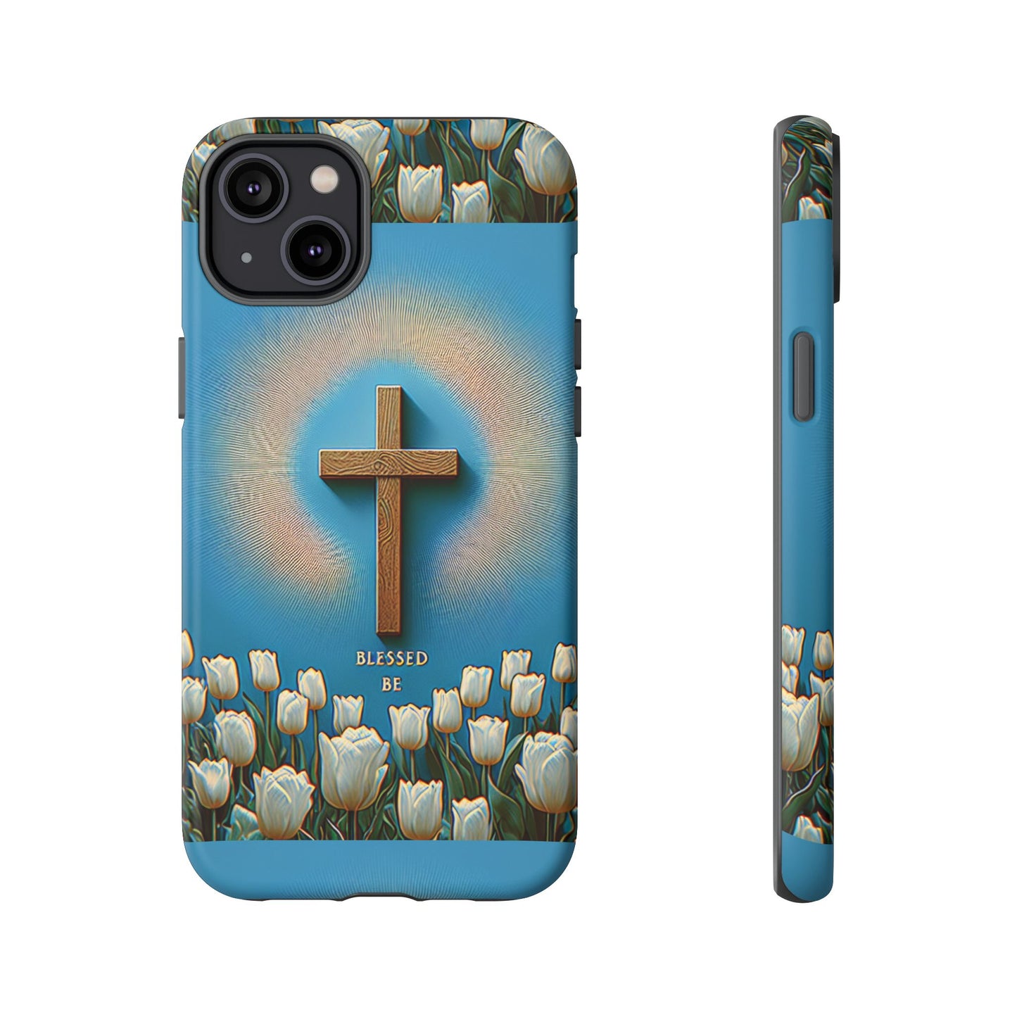 Phone Case, Cross Surrounded by Tulips Blessed Be Design