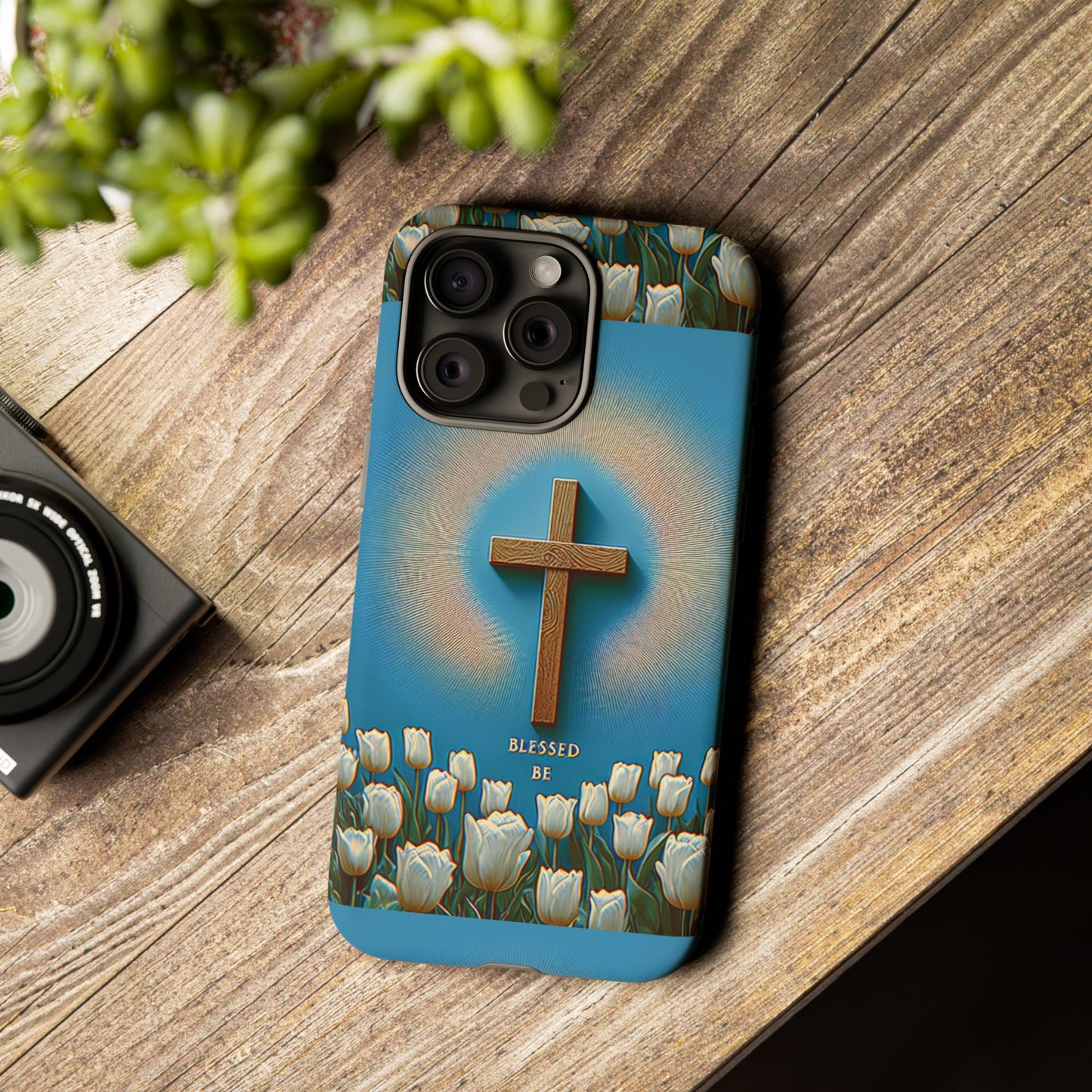 Phone Case, Cross Surrounded by Tulips Blessed Be Design