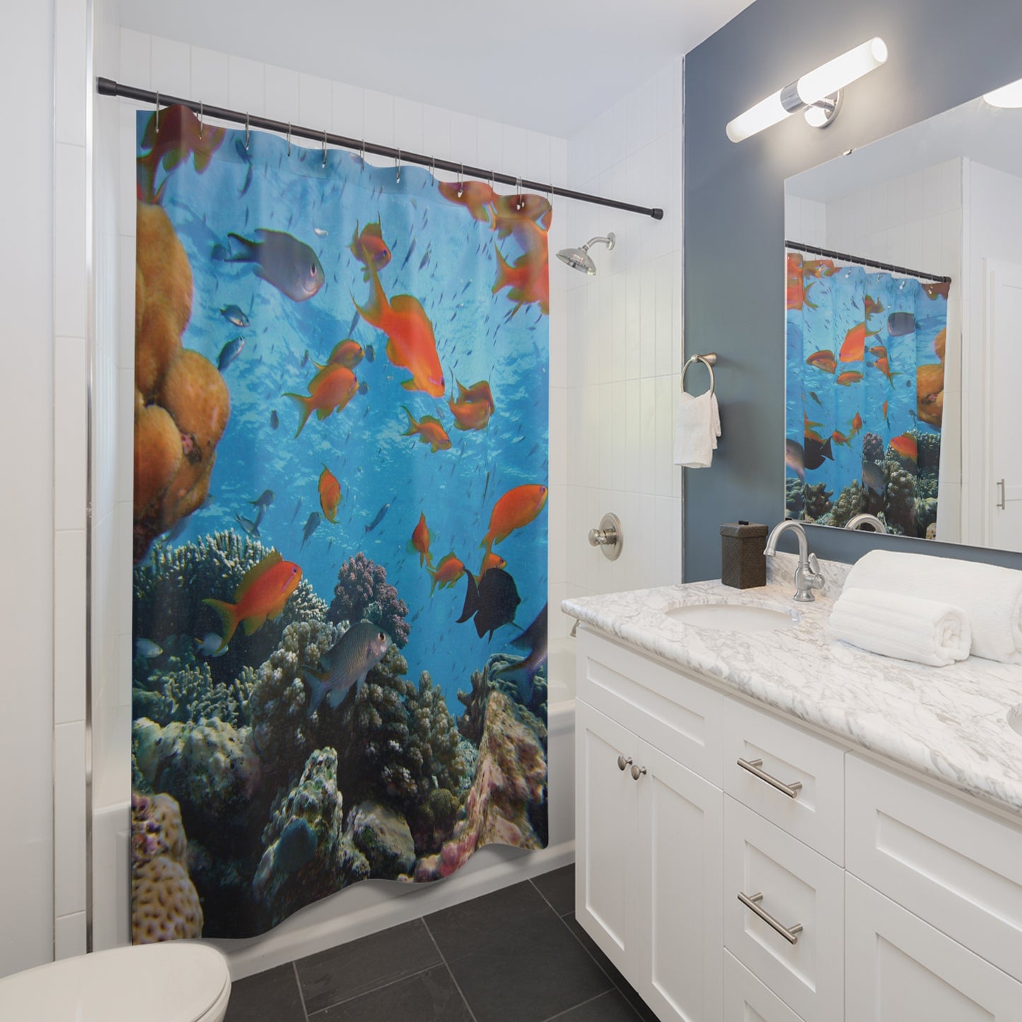 Vibrant Underwater Scene Shower Curtain - Colorful Fish Ocean Decor