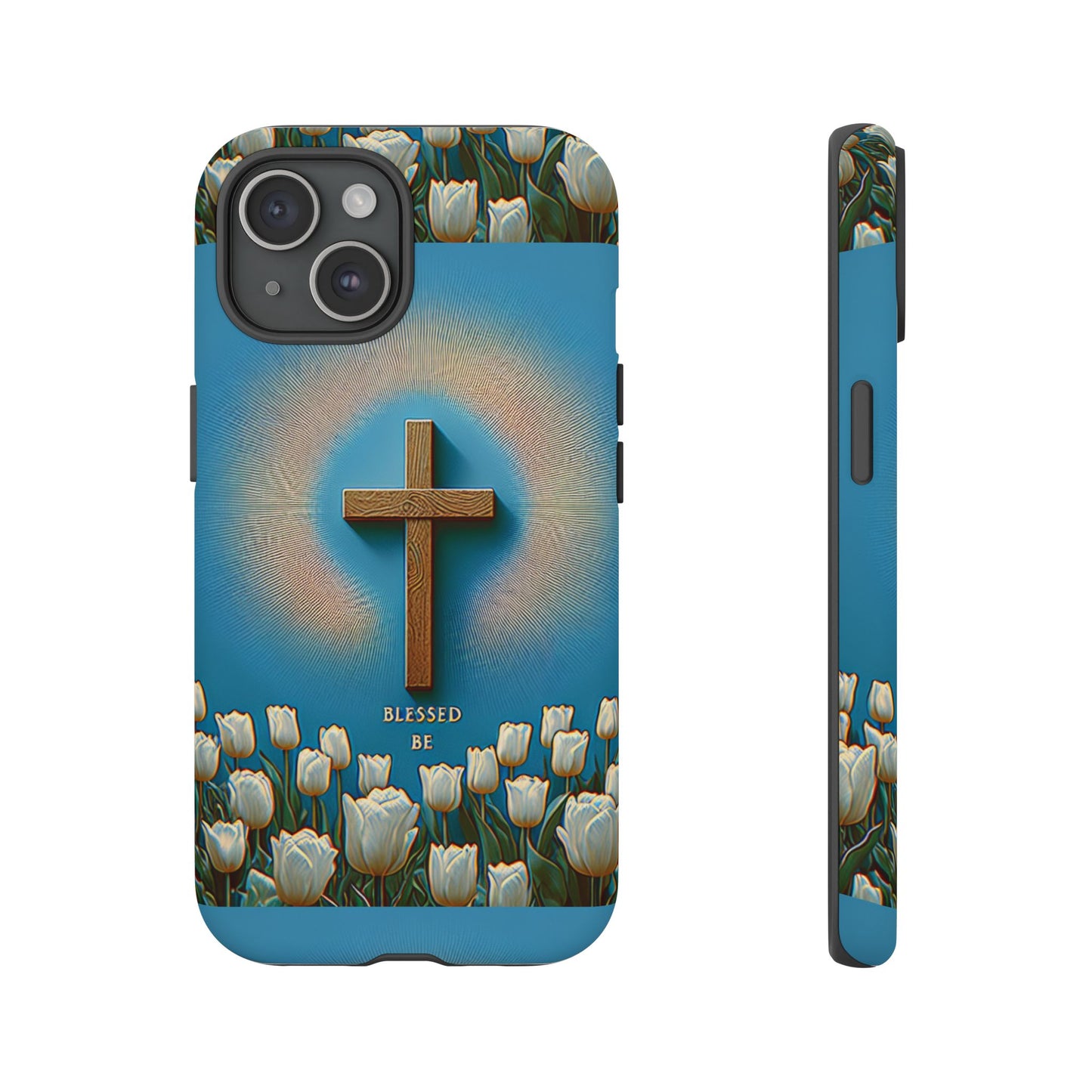 Phone Case, Cross Surrounded by Tulips Blessed Be Design