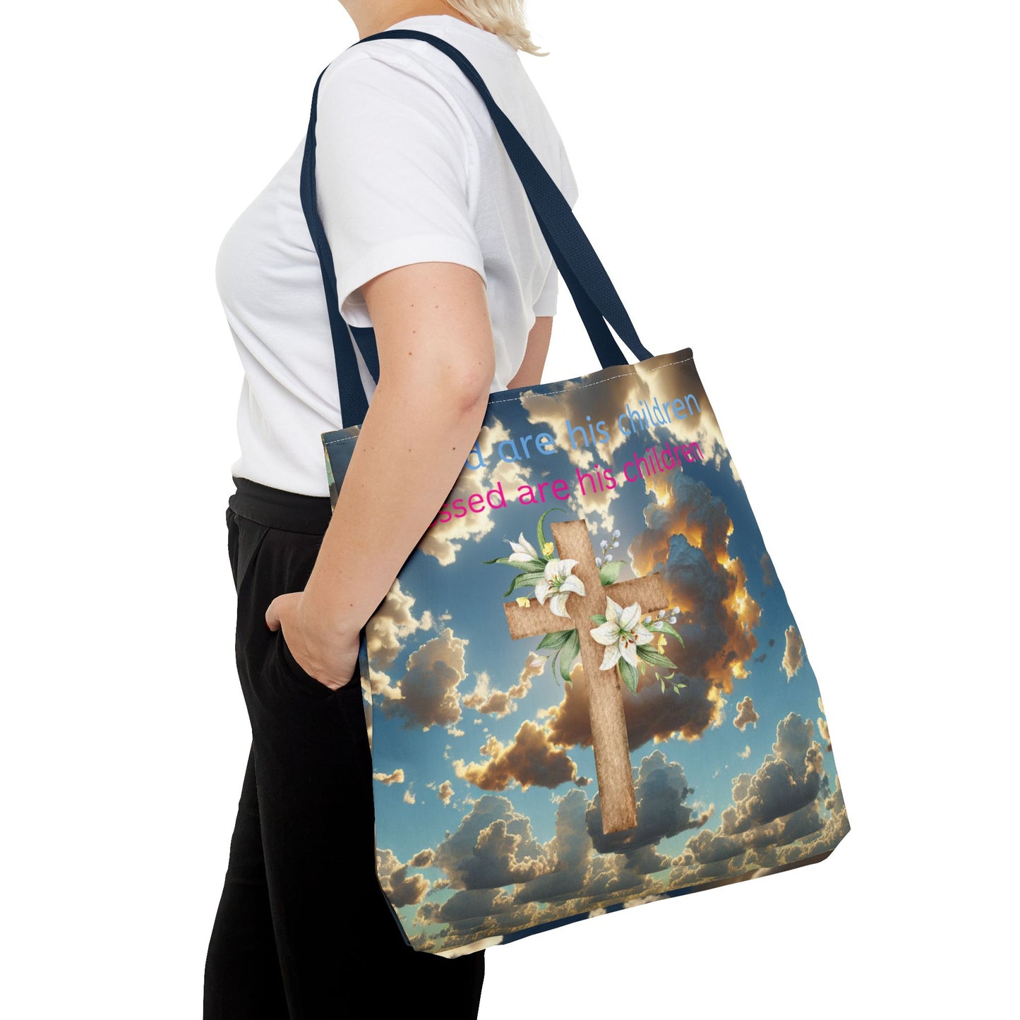 Religious Tote Bag with Flower Cross Design