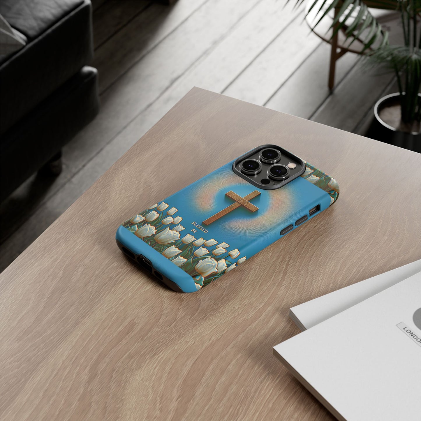Phone Case, Cross Surrounded by Tulips Blessed Be Design