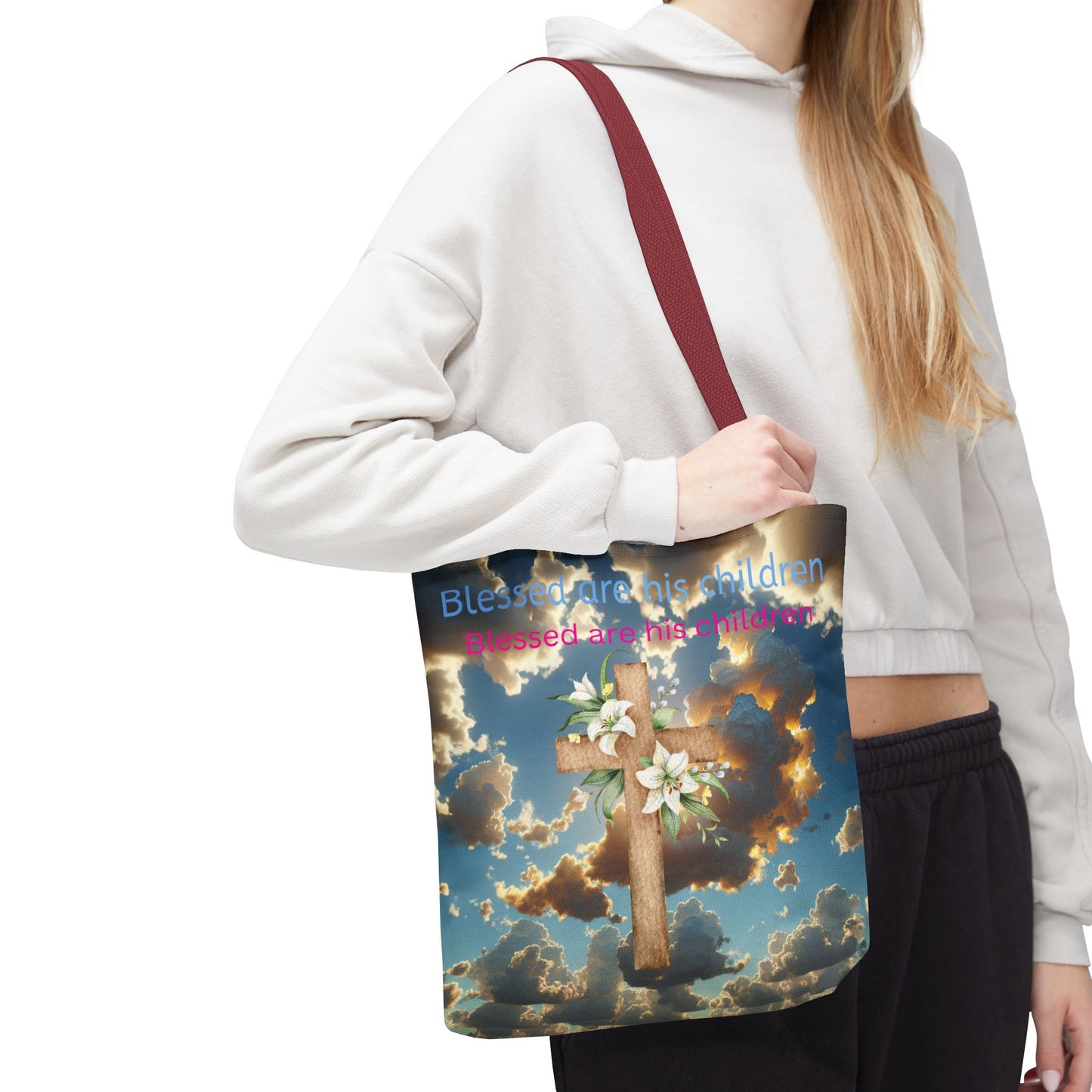 Religious Tote Bag with Flower Cross Design