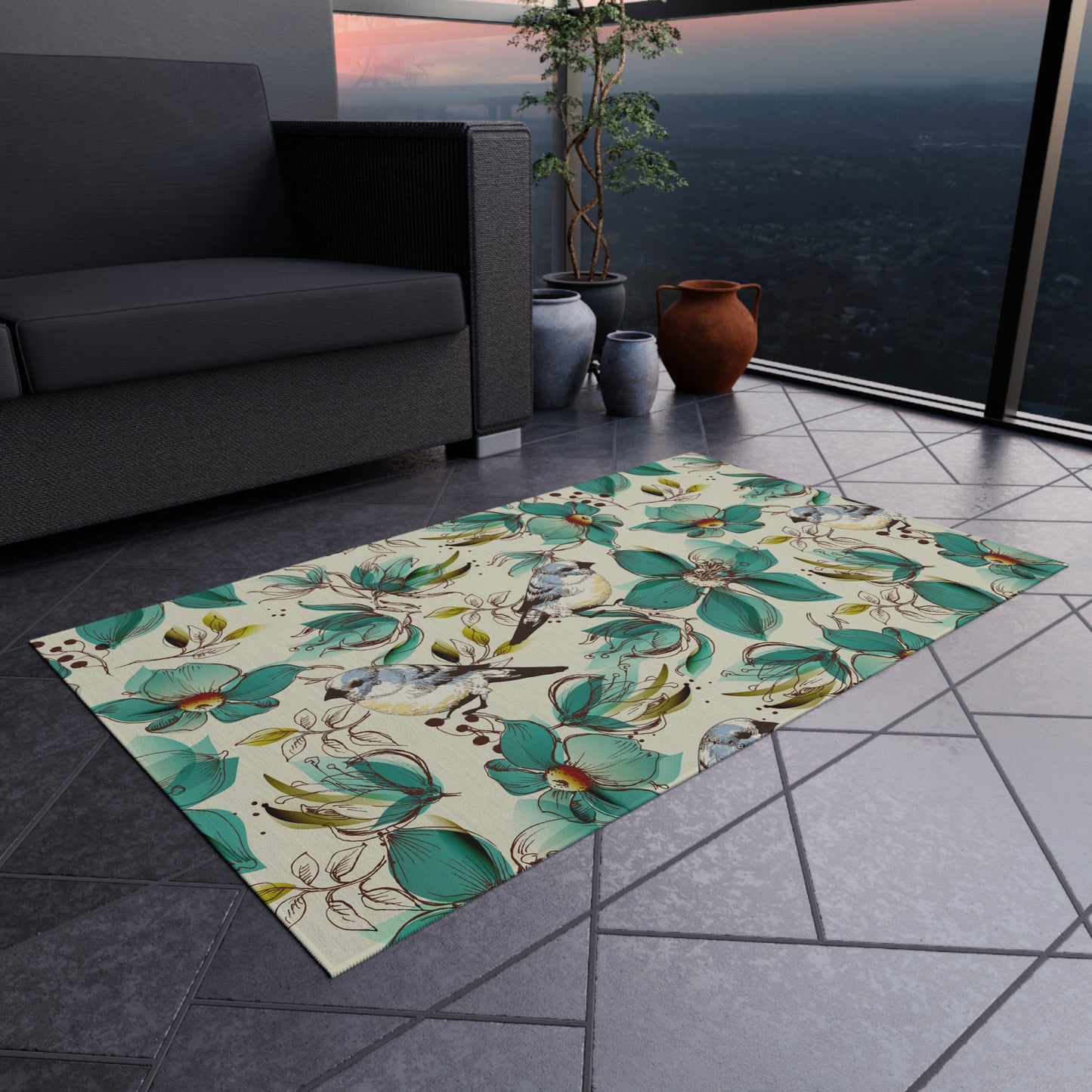 Floral Bird Outdoor Rug - Patio Decor for Spring and Summer