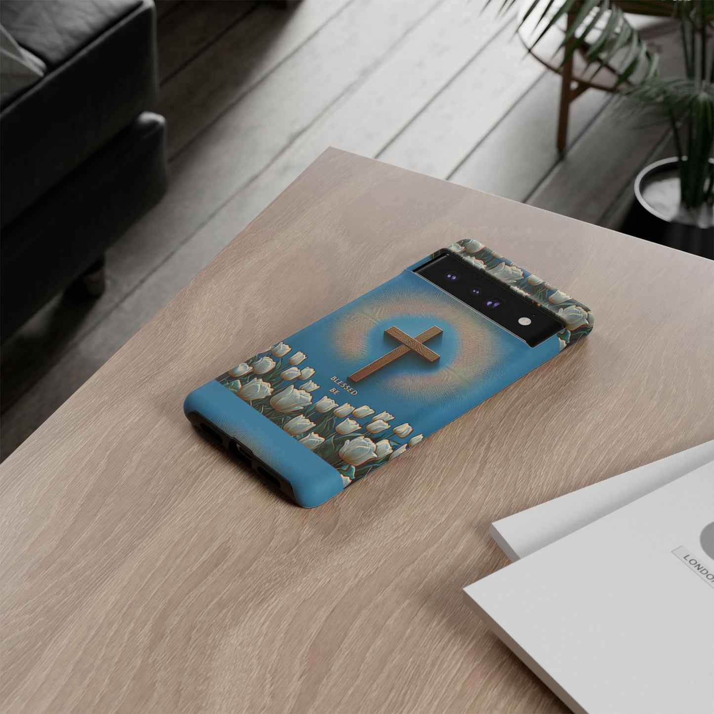 Phone Case, Cross Surrounded by Tulips Blessed Be Design