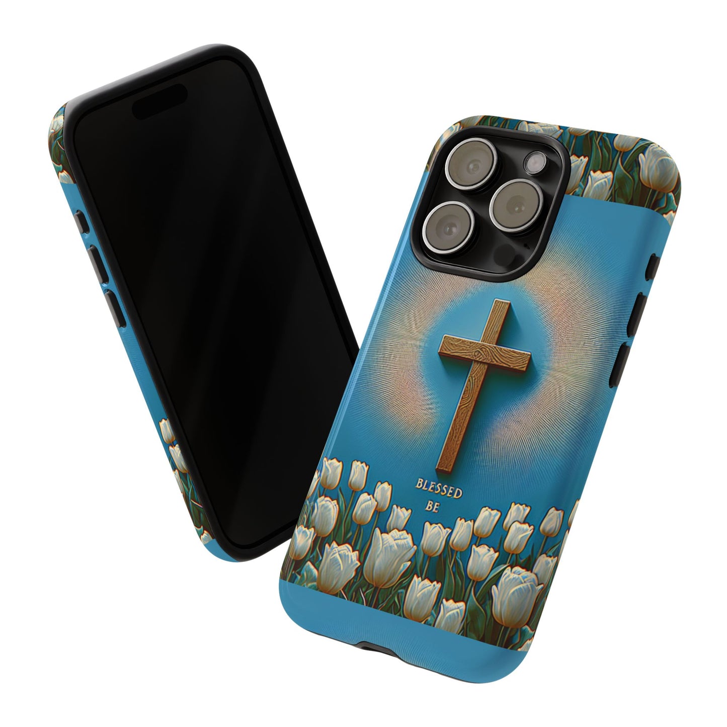 Phone Case, Cross Surrounded by Tulips Blessed Be Design
