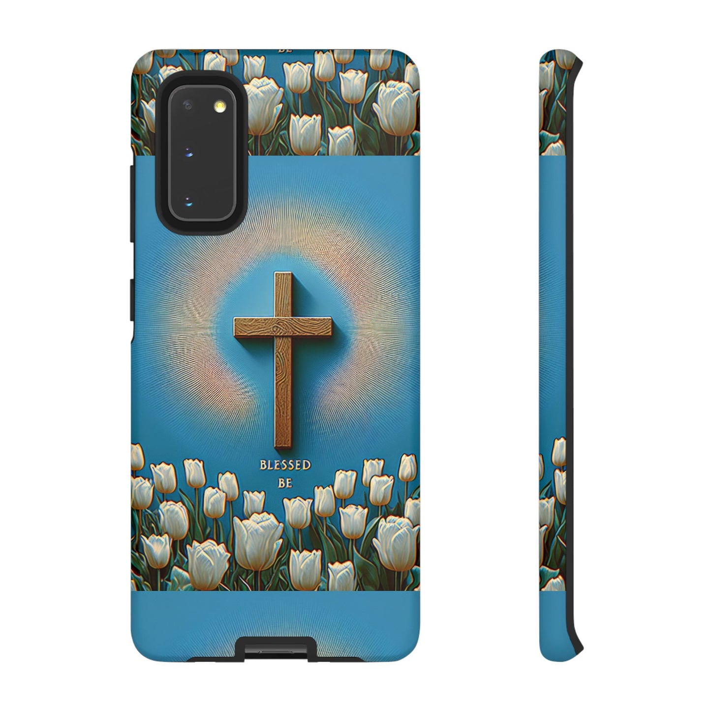 Phone Case, Cross Surrounded by Tulips Blessed Be Design