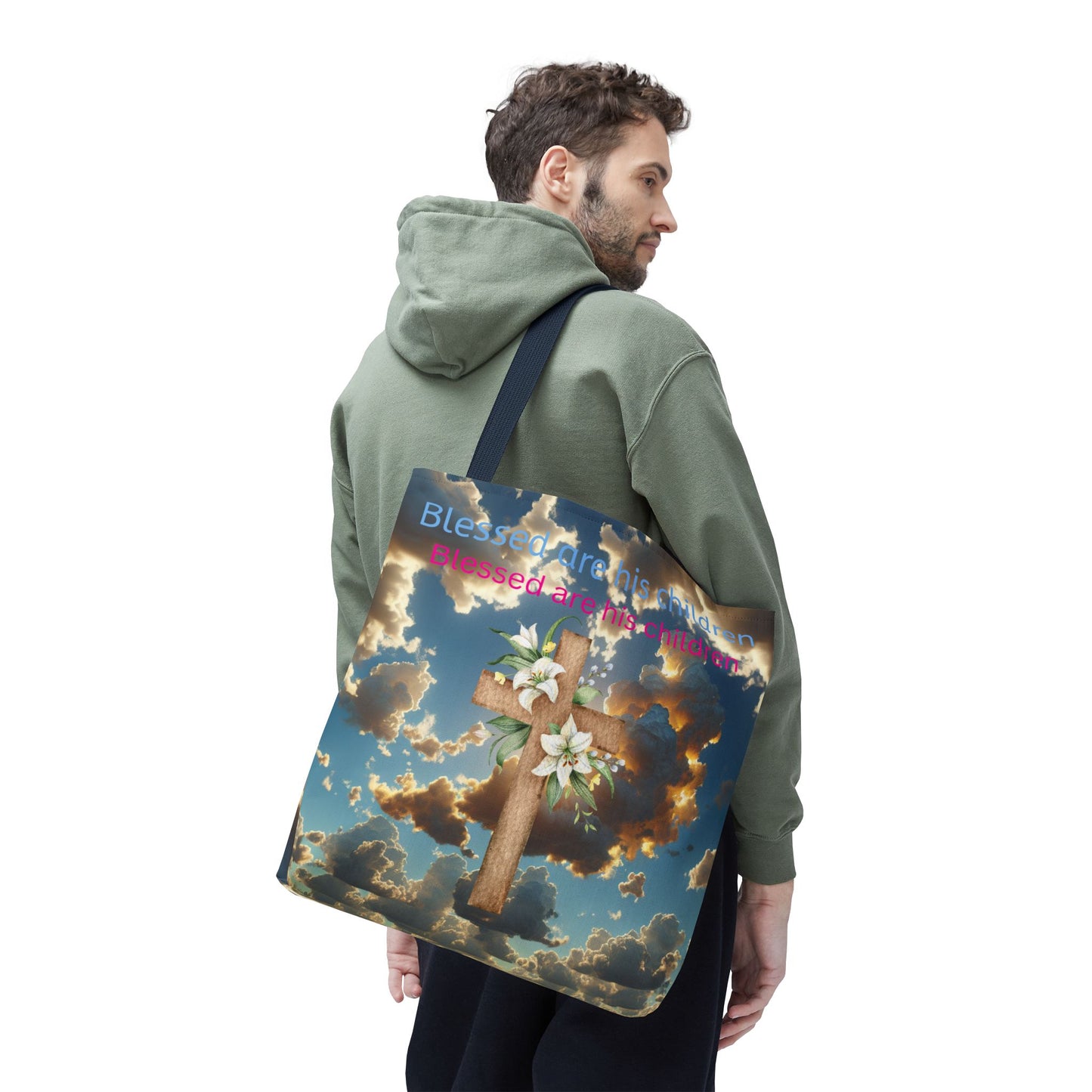Religious Tote Bag with Flower Cross Design