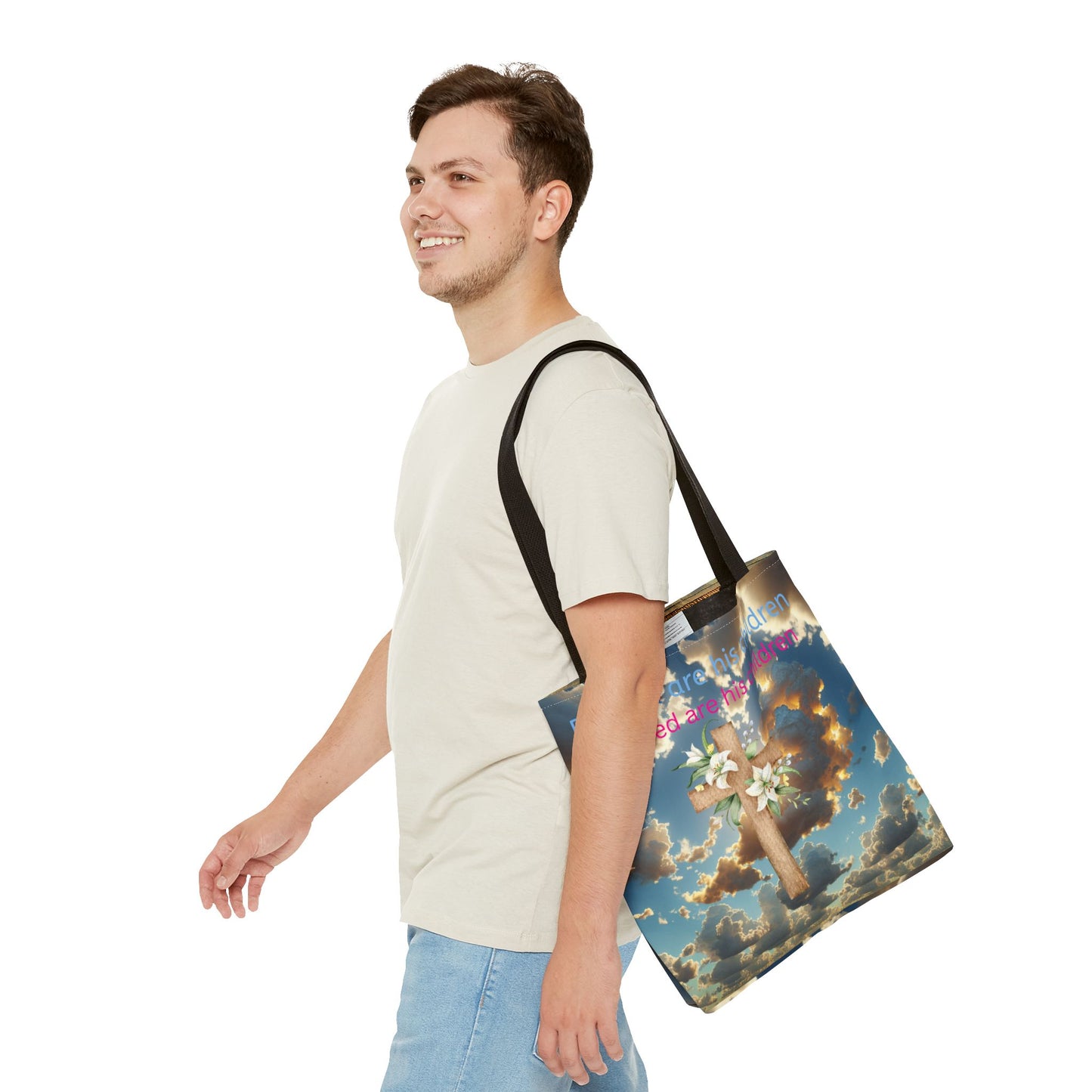 Religious Tote Bag with Flower Cross Design