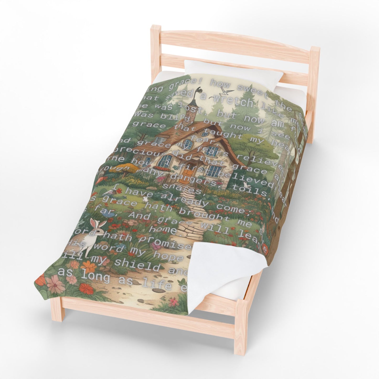 Velveteen Plush Blanket - Amazing Grace Song Lyrics Cottage in the Woods Nature Animals Cozy