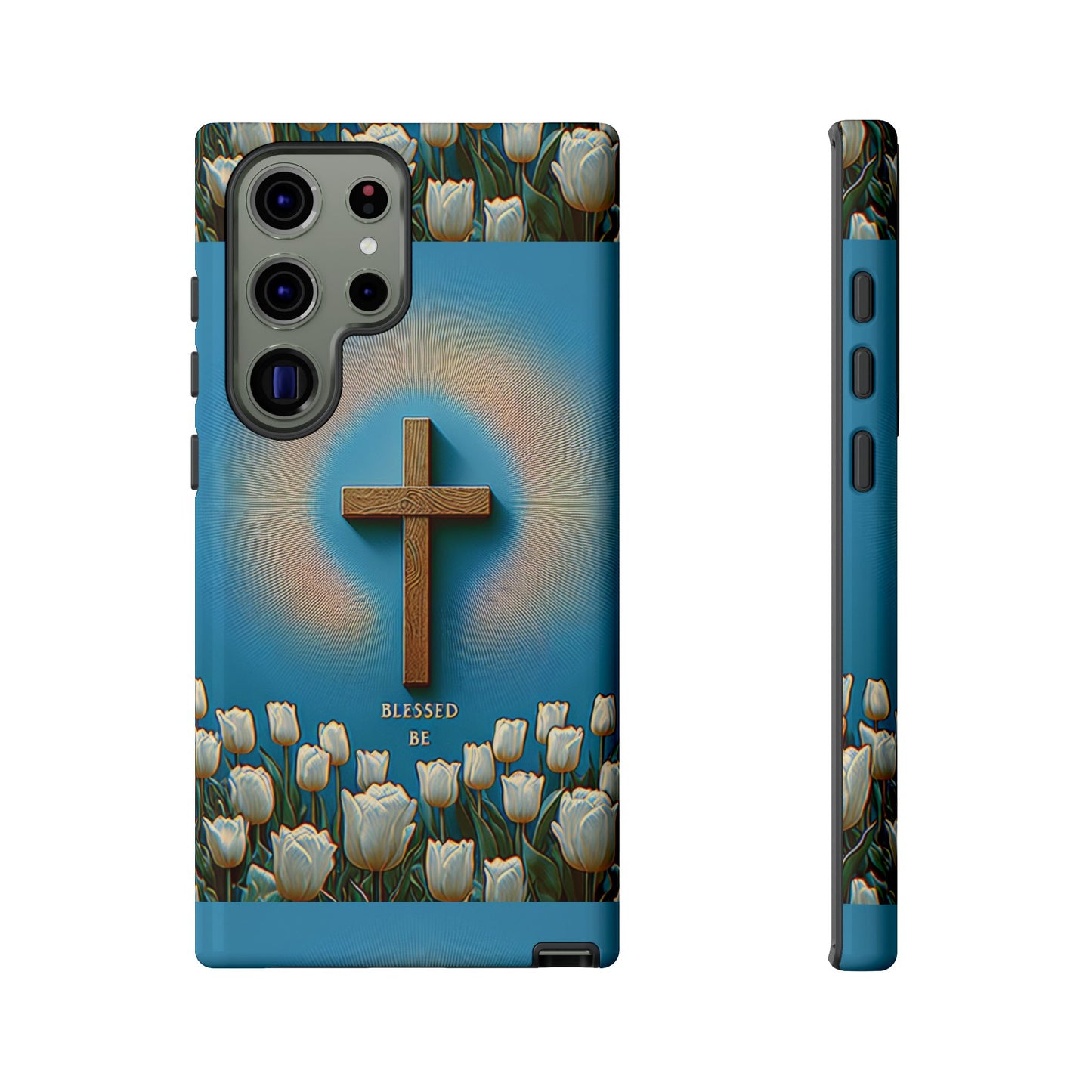 Phone Case, Cross Surrounded by Tulips Blessed Be Design