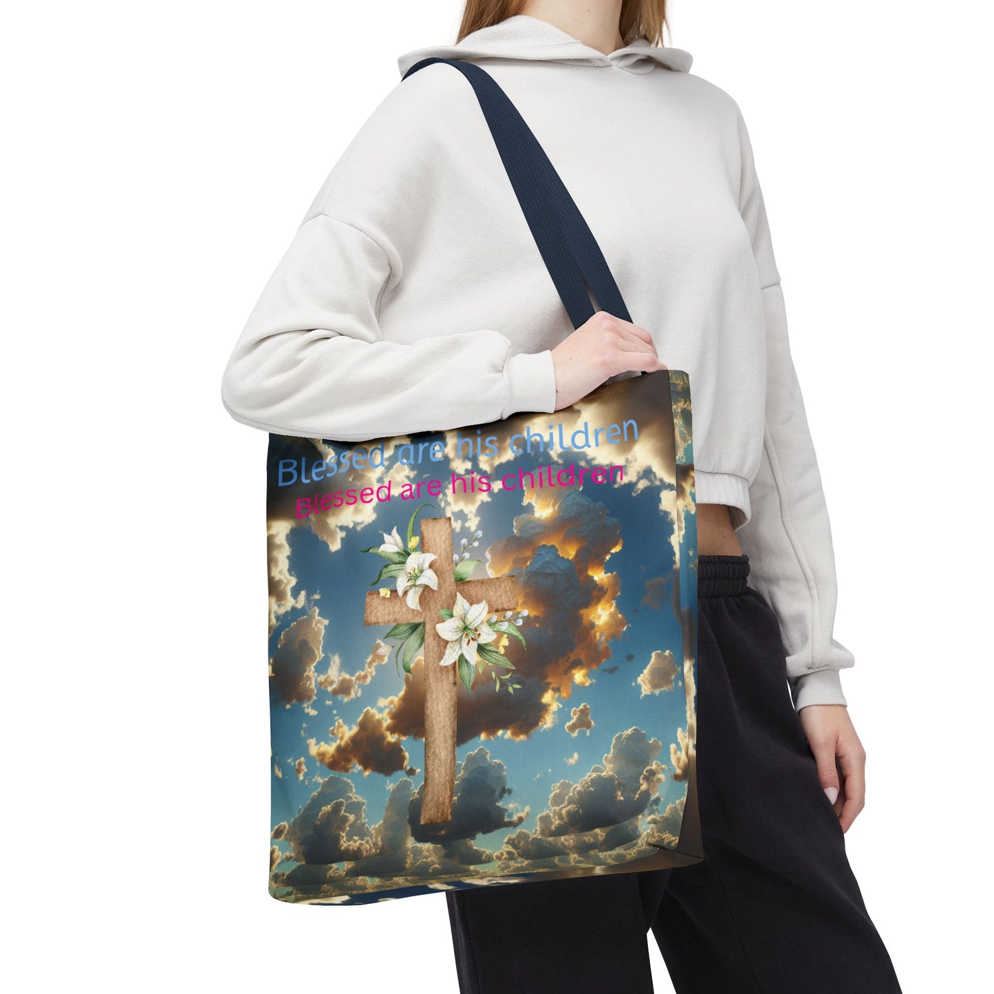 Religious Tote Bag with Flower Cross Design