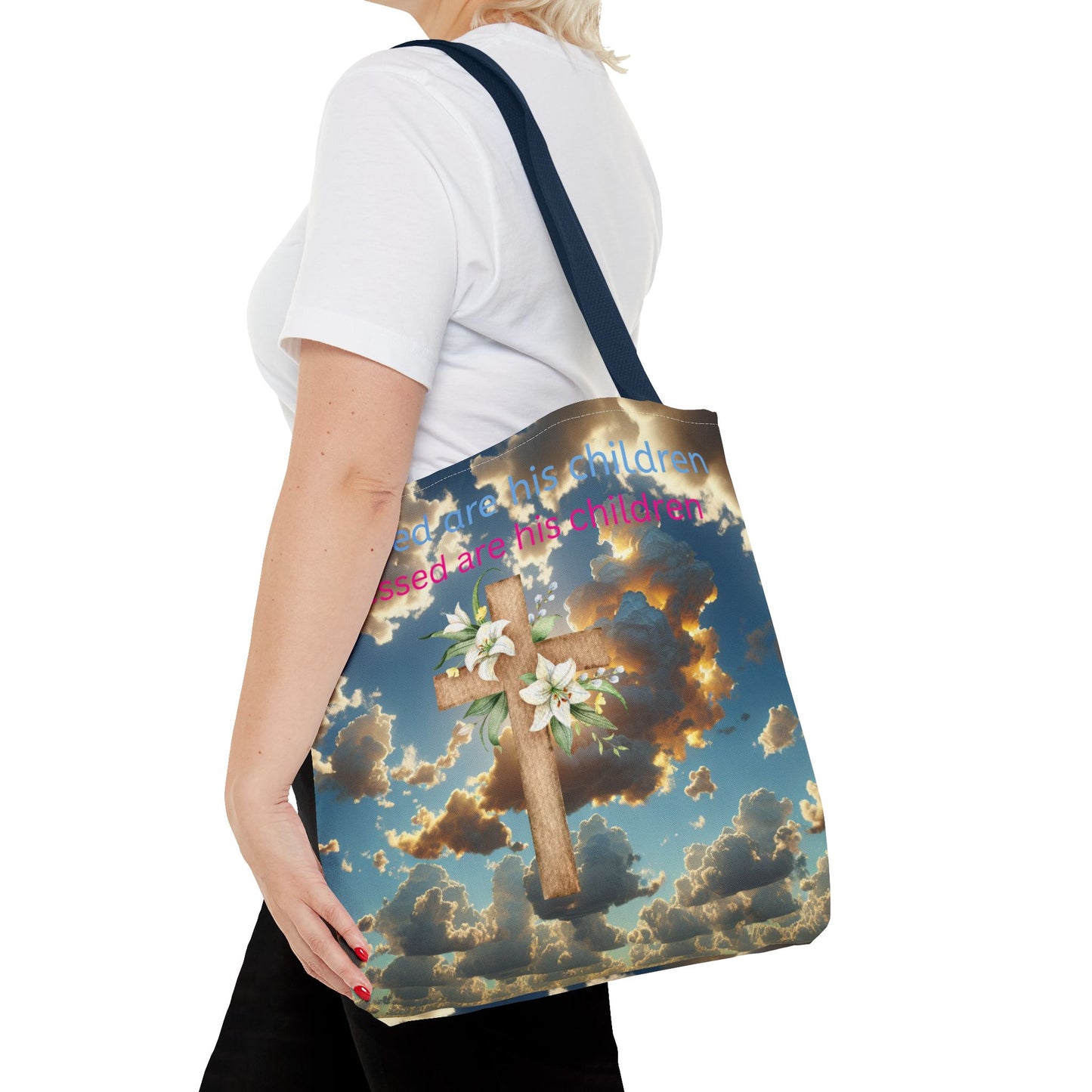 Religious Tote Bag with Flower Cross Design