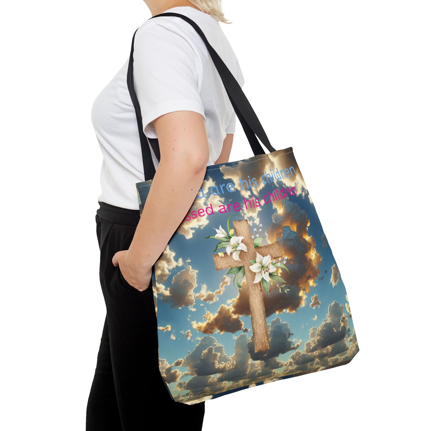 Religious Tote Bag with Flower Cross Design