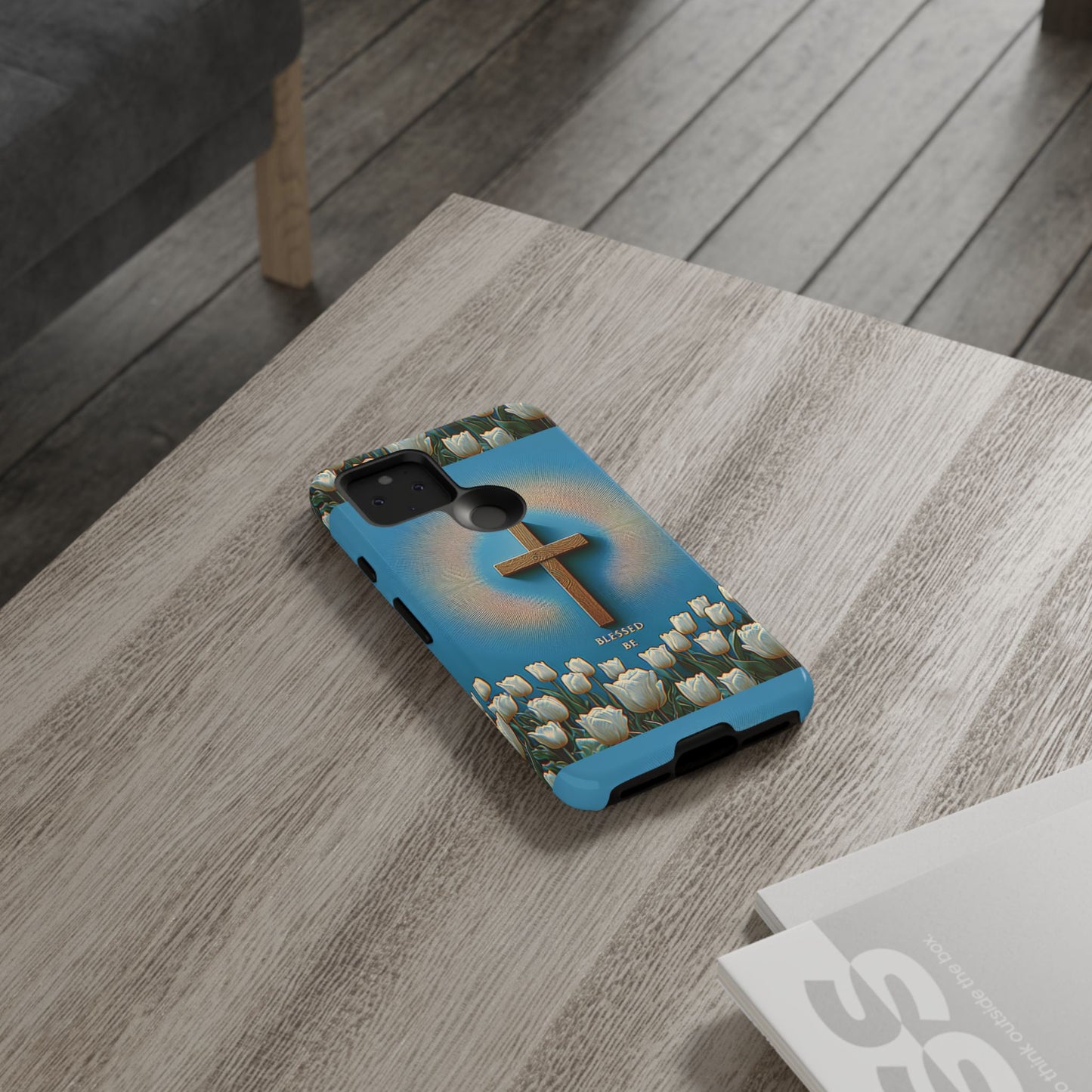Phone Case, Cross Surrounded by Tulips Blessed Be Design