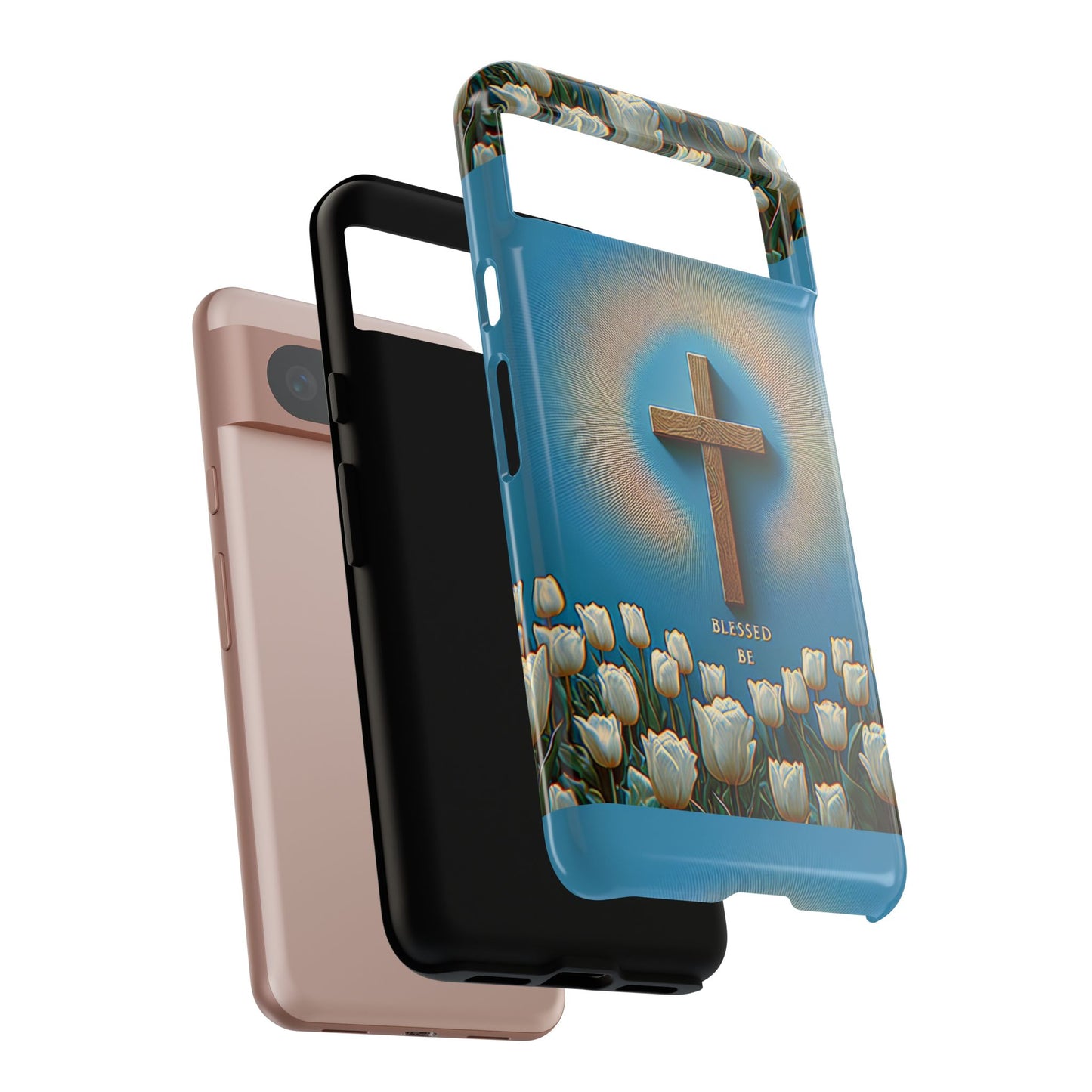 Phone Case, Cross Surrounded by Tulips Blessed Be Design