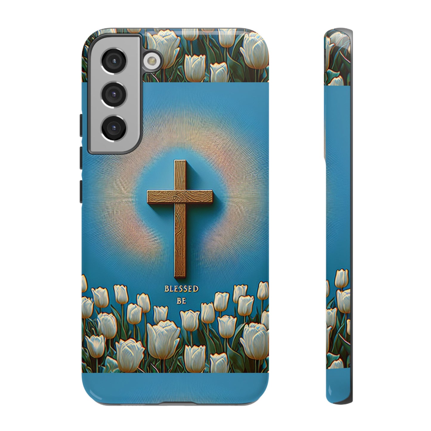 Phone Case, Cross Surrounded by Tulips Blessed Be Design