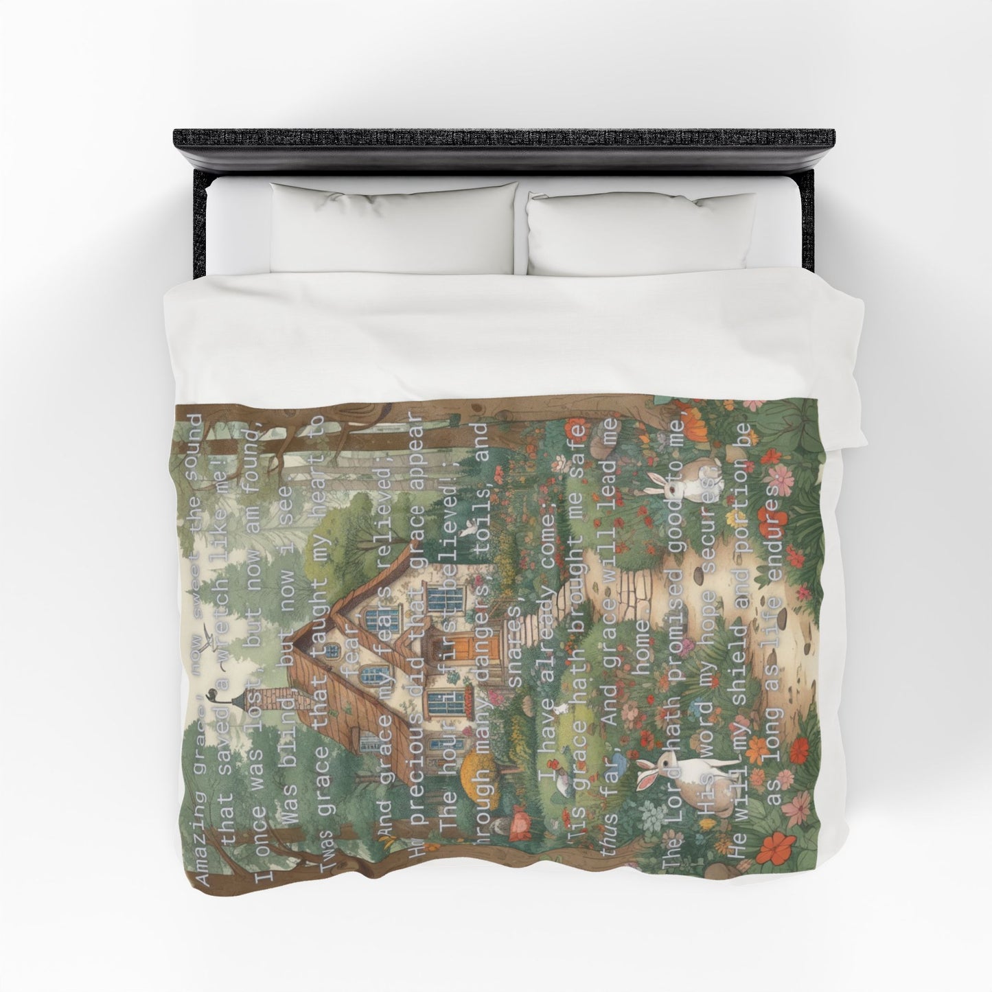 Velveteen Plush Blanket - Amazing Grace Song Lyrics Cottage in the Woods Nature Animals Cozy
