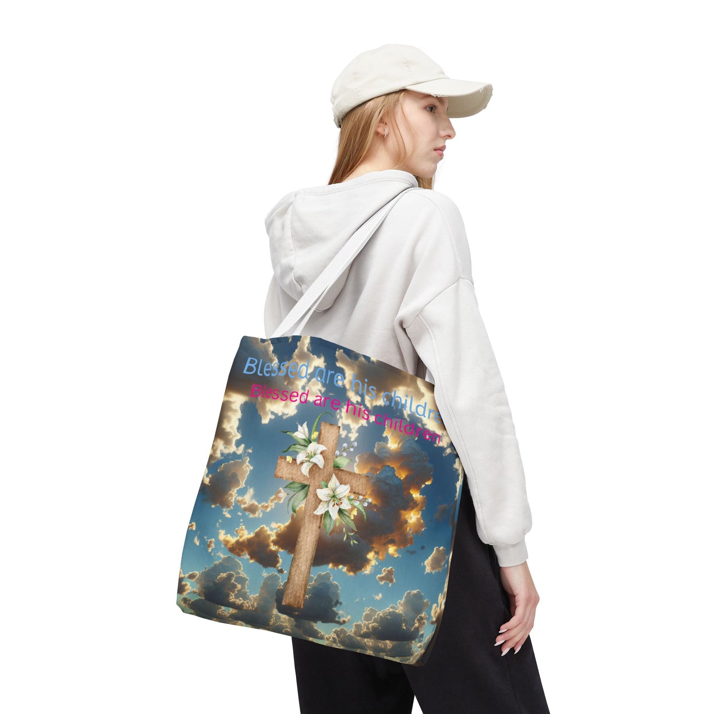 Religious Tote Bag with Flower Cross Design