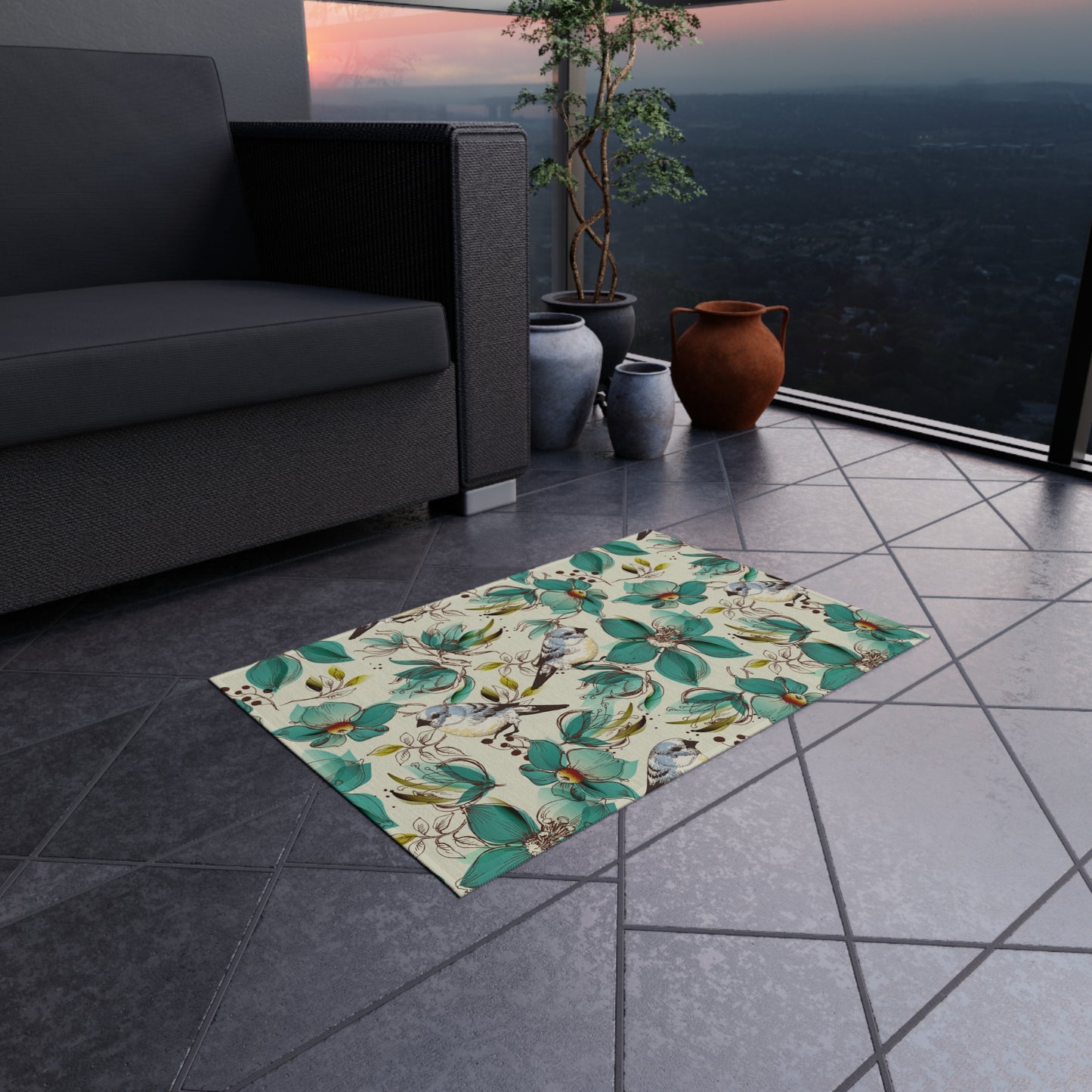 Floral Bird Outdoor Rug - Patio Decor for Spring and Summer