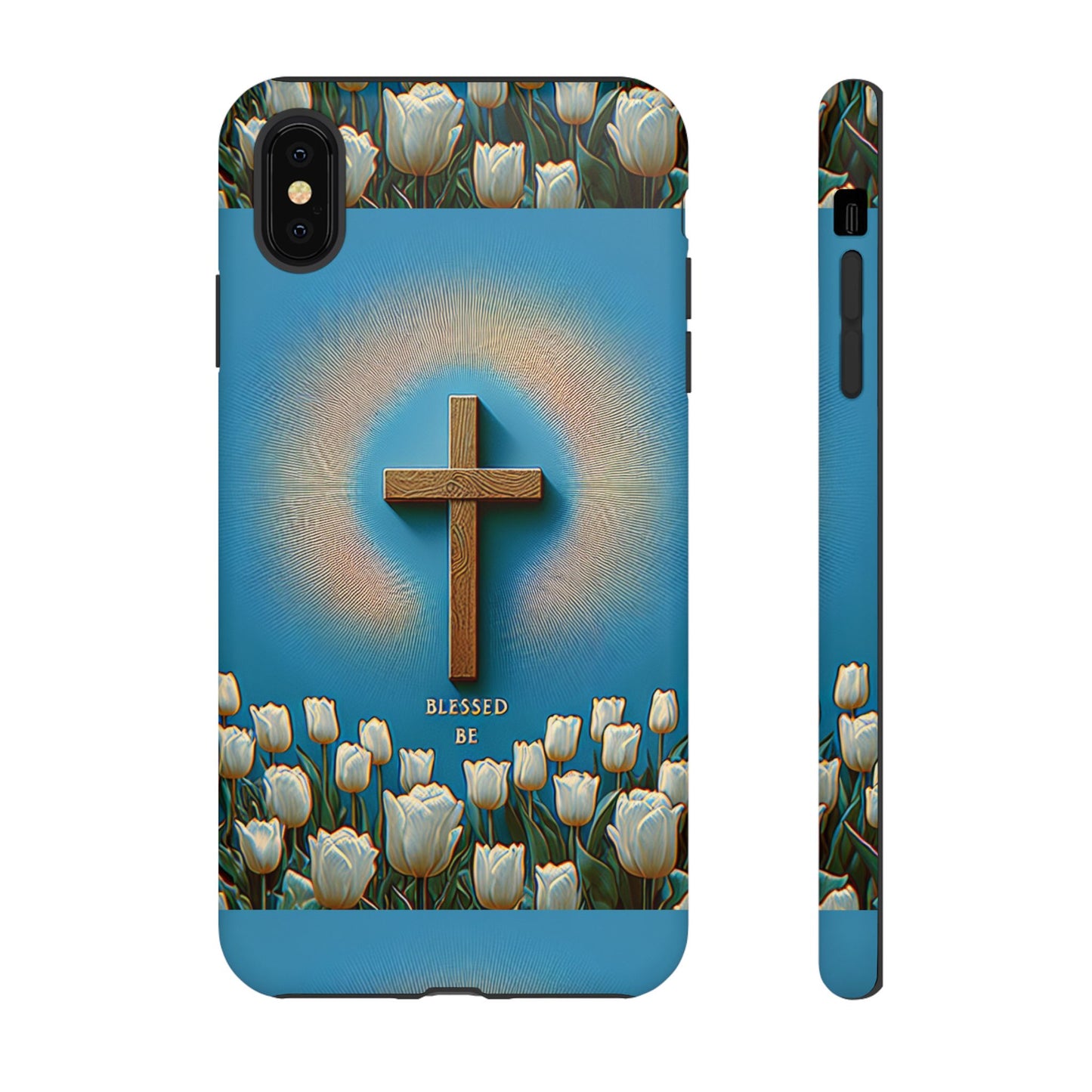 Phone Case, Cross Surrounded by Tulips Blessed Be Design