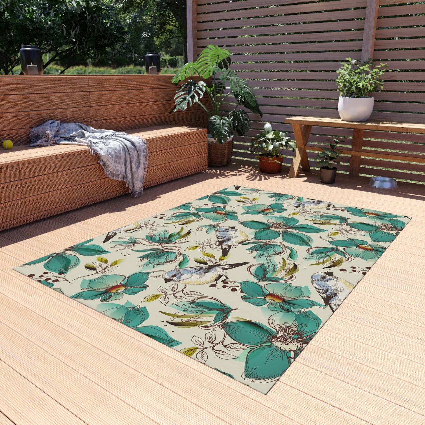 Floral Bird Outdoor Rug - Patio Decor for Spring and Summer