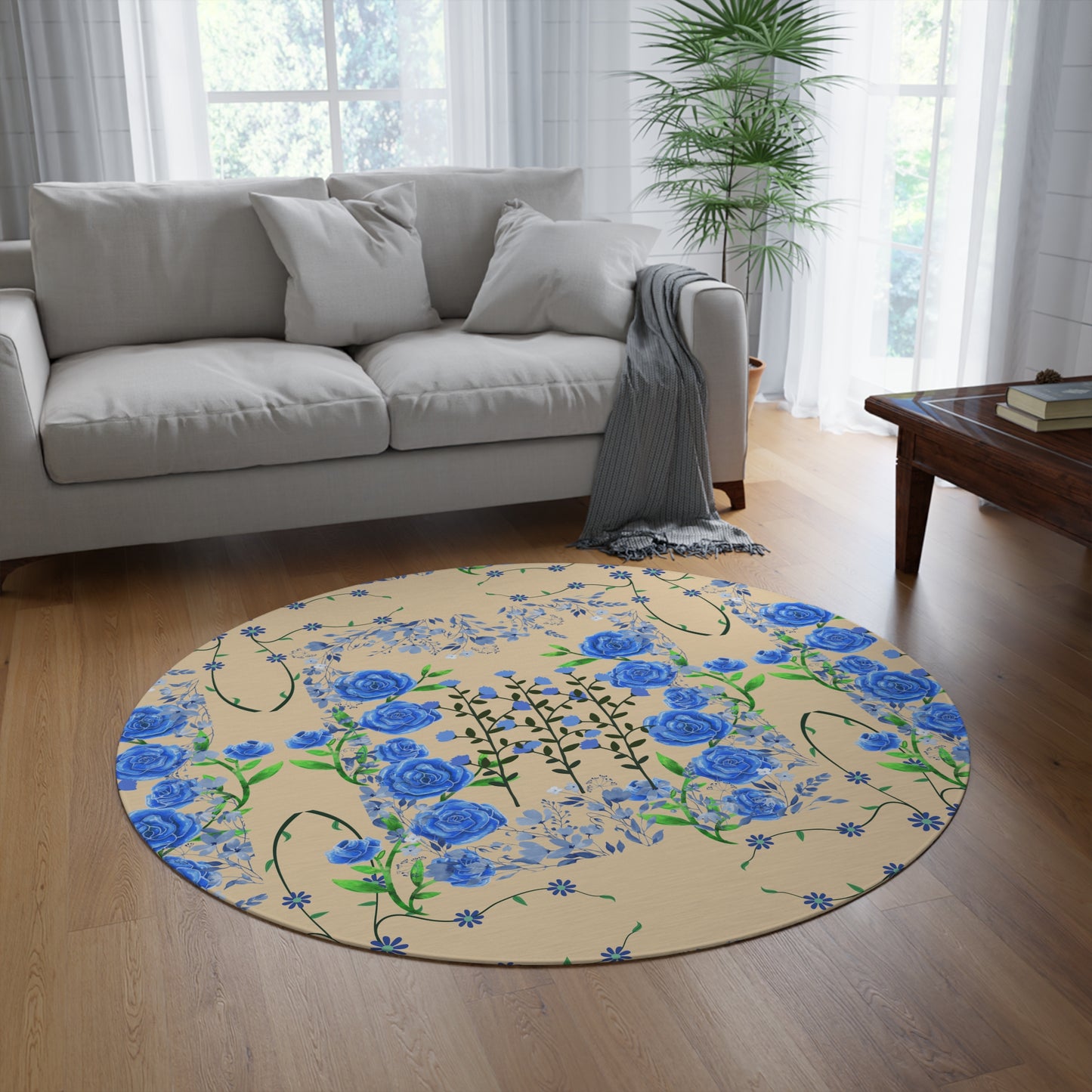 Blue Floral Round Rug — Blooming Flower Pattern Accent Rug