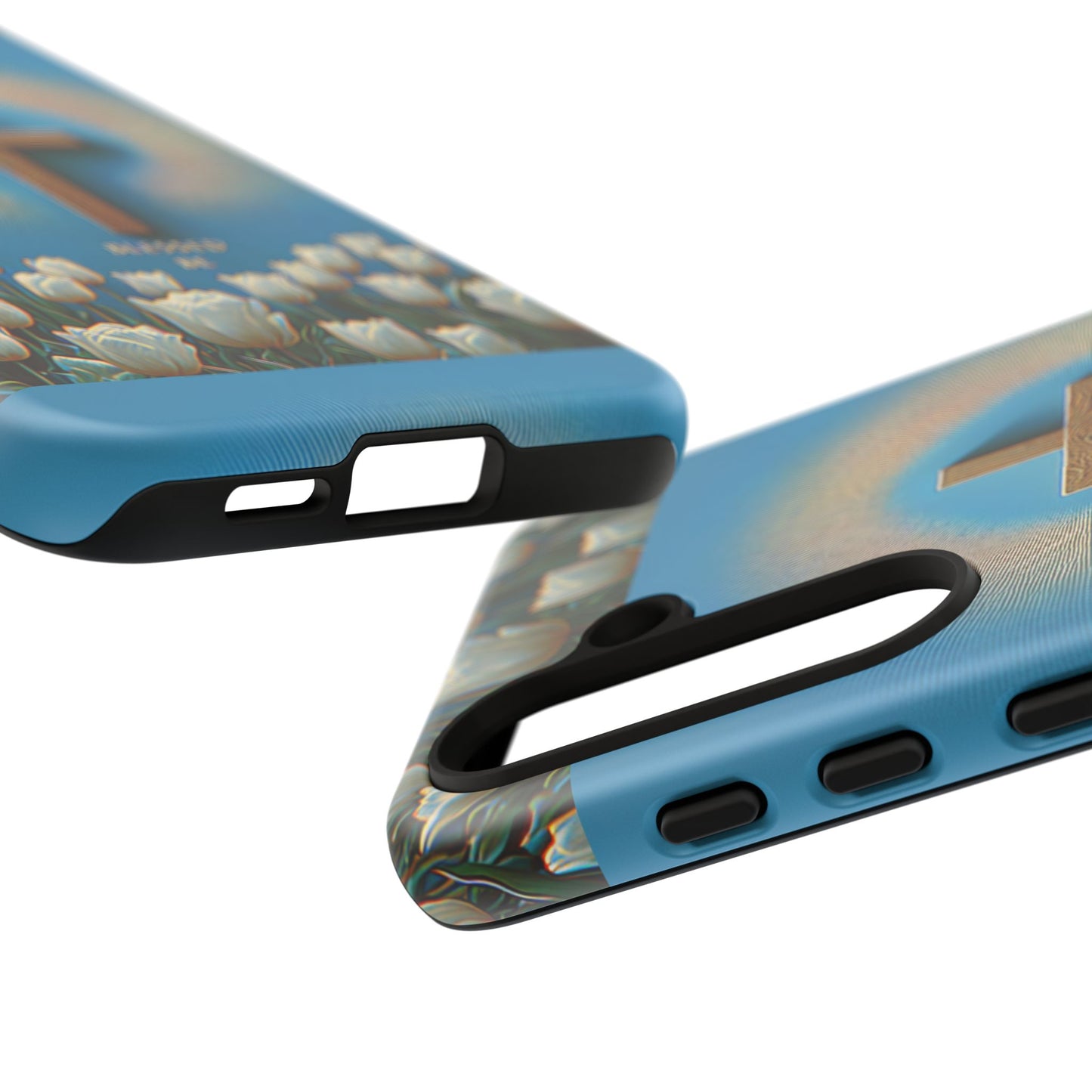 Phone Case, Cross Surrounded by Tulips Blessed Be Design