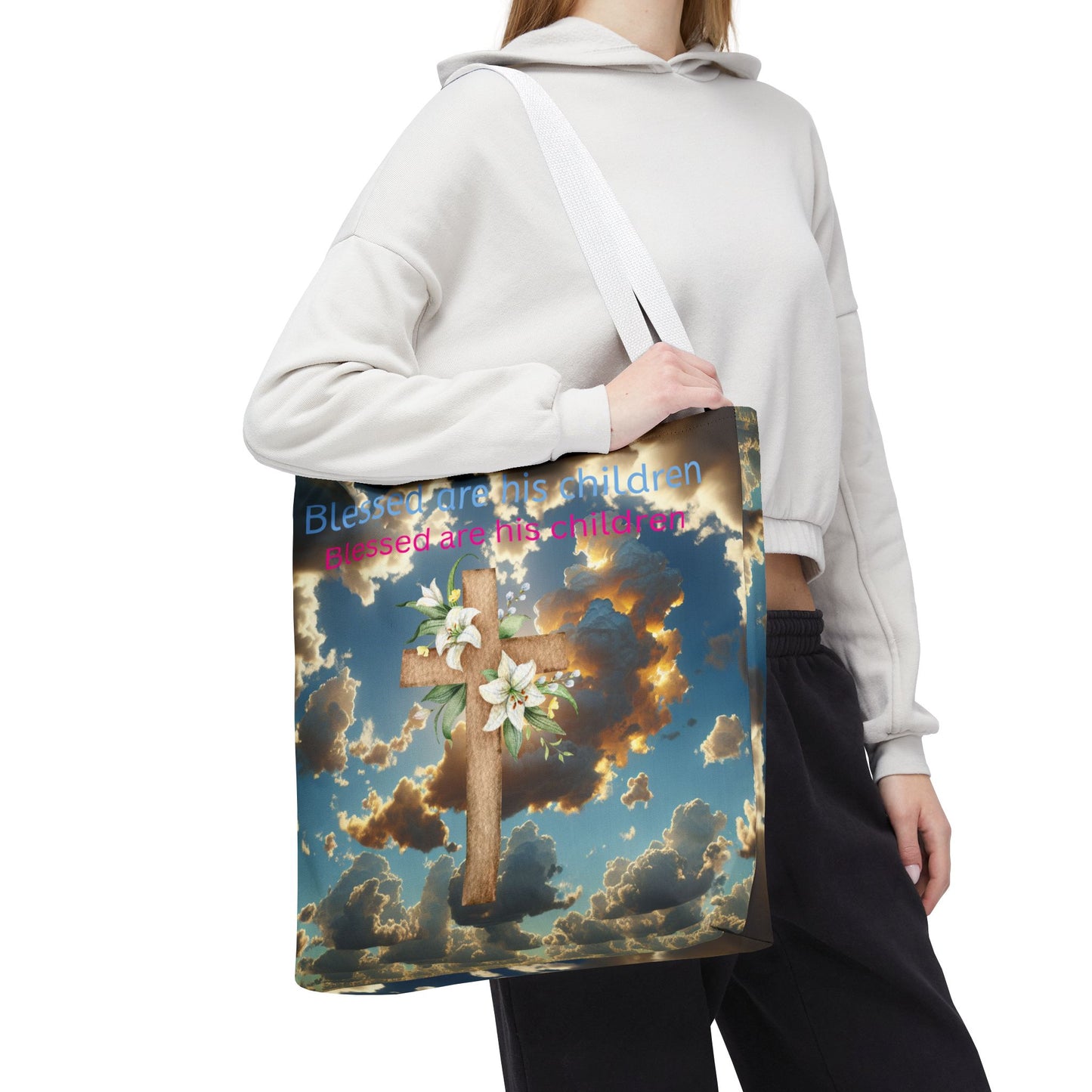 Religious Tote Bag with Flower Cross Design