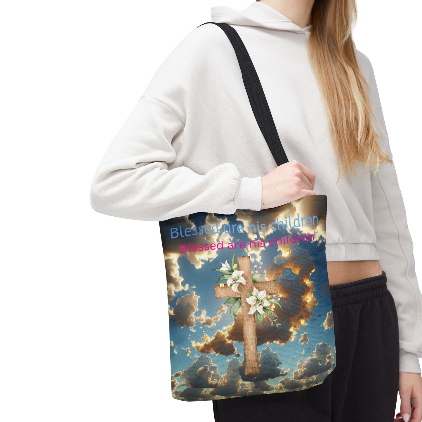 Religious Tote Bag with Flower Cross Design