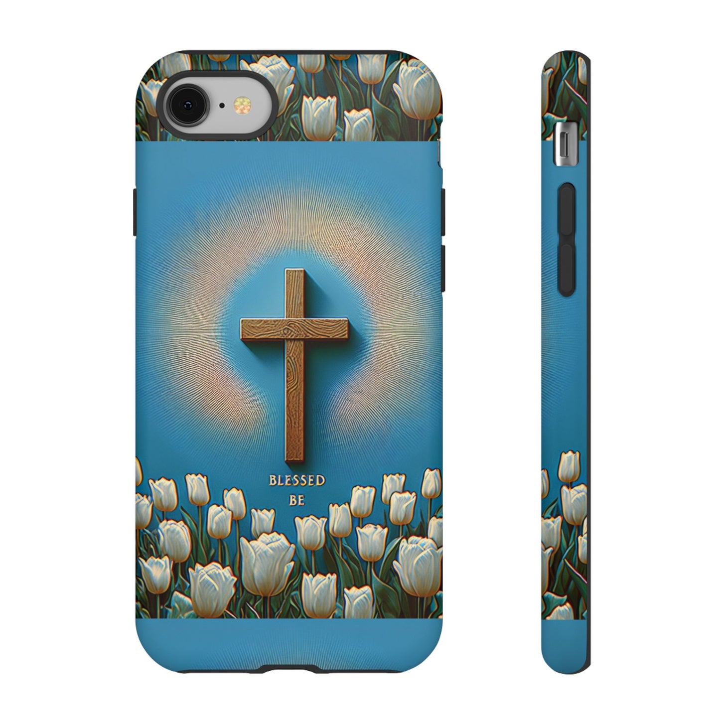 Phone Case, Cross Surrounded by Tulips Blessed Be Design