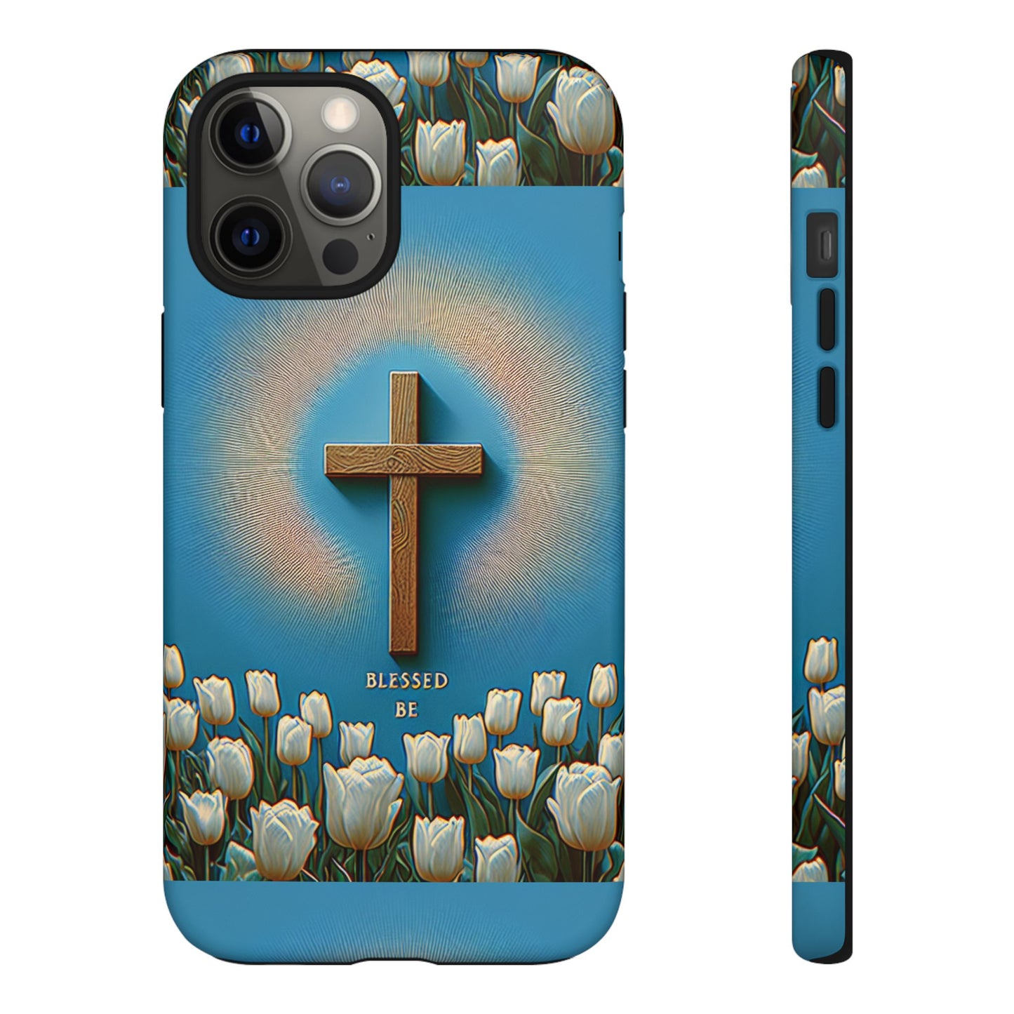 Phone Case, Cross Surrounded by Tulips Blessed Be Design