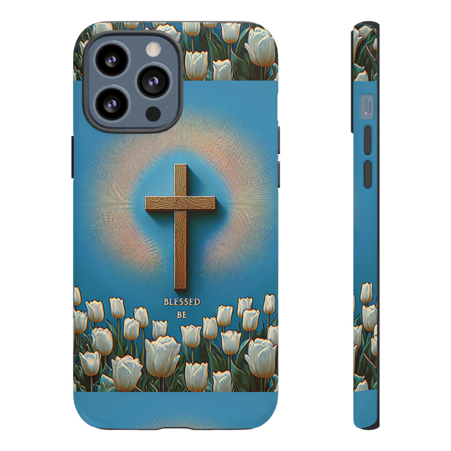 Phone Case, Cross Surrounded by Tulips Blessed Be Design