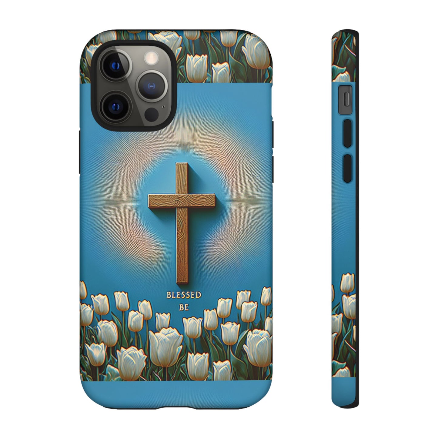 Phone Case, Cross Surrounded by Tulips Blessed Be Design