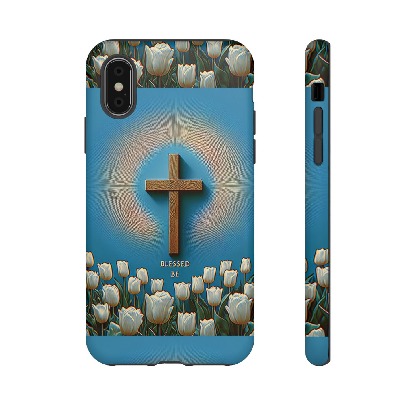 Phone Case, Cross Surrounded by Tulips Blessed Be Design