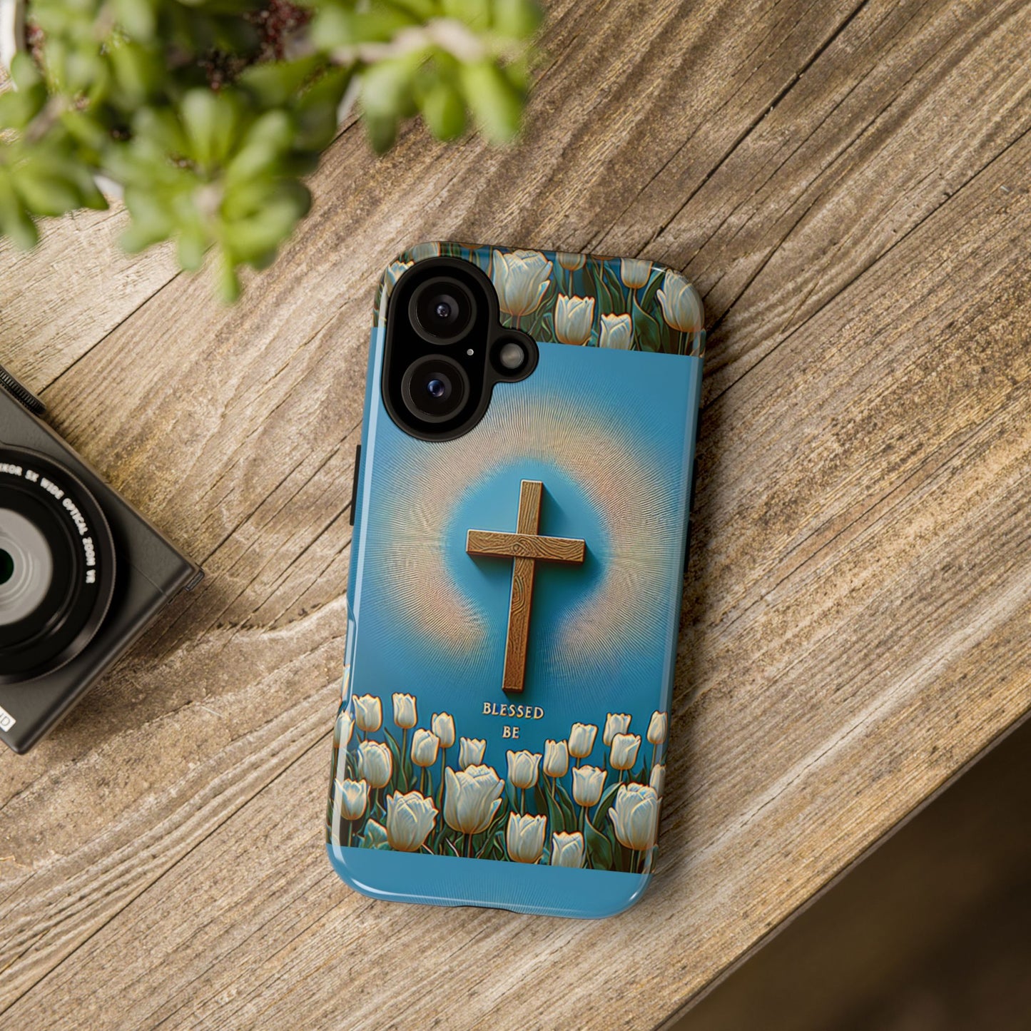 Phone Case, Cross Surrounded by Tulips Blessed Be Design